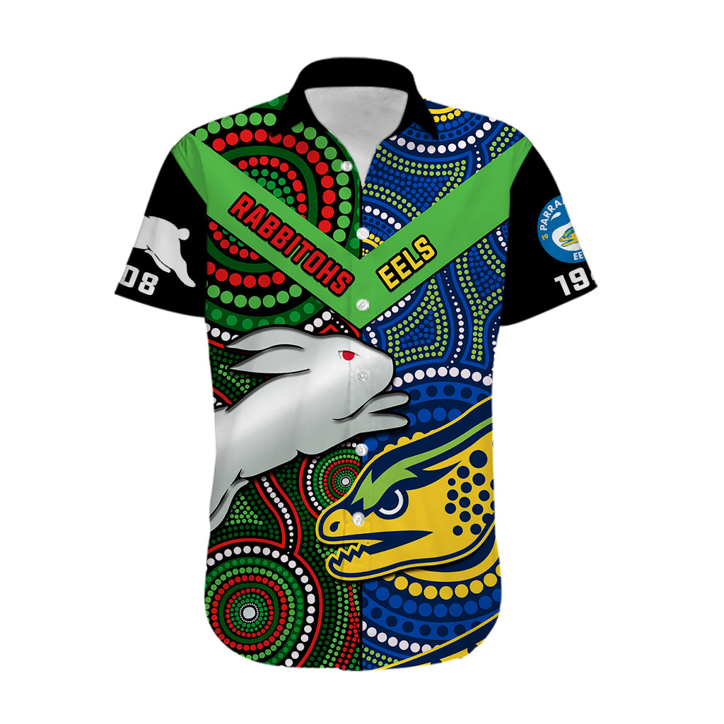 (Custom Text And Number) Rabbitohs Mix Eels Rugby Hawaiian Shirt Souths And Parra Indigenous - Vibe Hoodie Shop