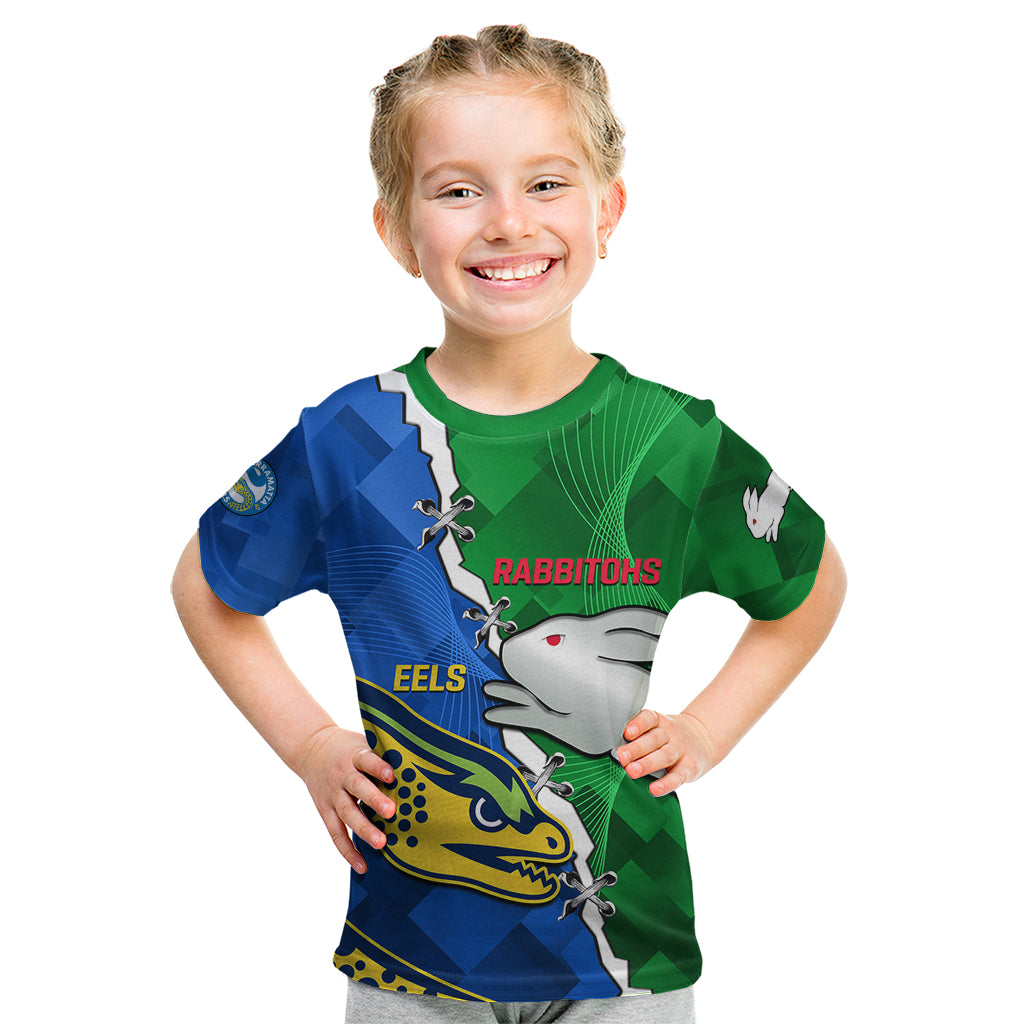 (Custom Personalised) Rabbitohs Mix Eels Rugby Kid T Shirt Souths And Parra Sporty Style - Vibe Hoodie Shop