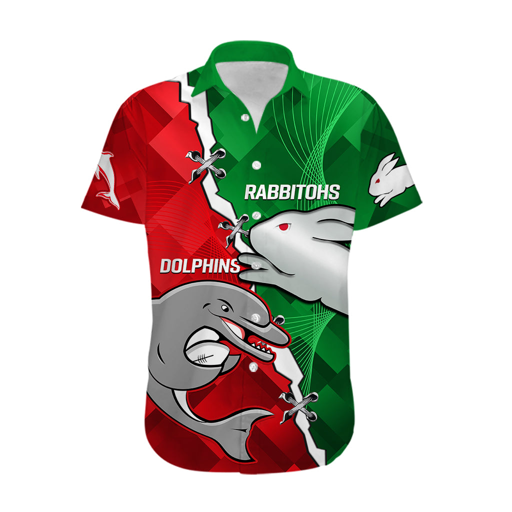 (Custom Personalised) Rabbitohs Mix Dolphins Rugby Hawaiian Shirt Sporty Style - Vibe Hoodie Shop