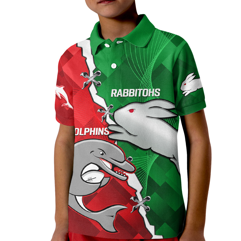 (Custom Personalised) Rabbitohs Mix Dolphins Rugby Kid Polo Shirt Sporty Style - Vibe Hoodie Shop