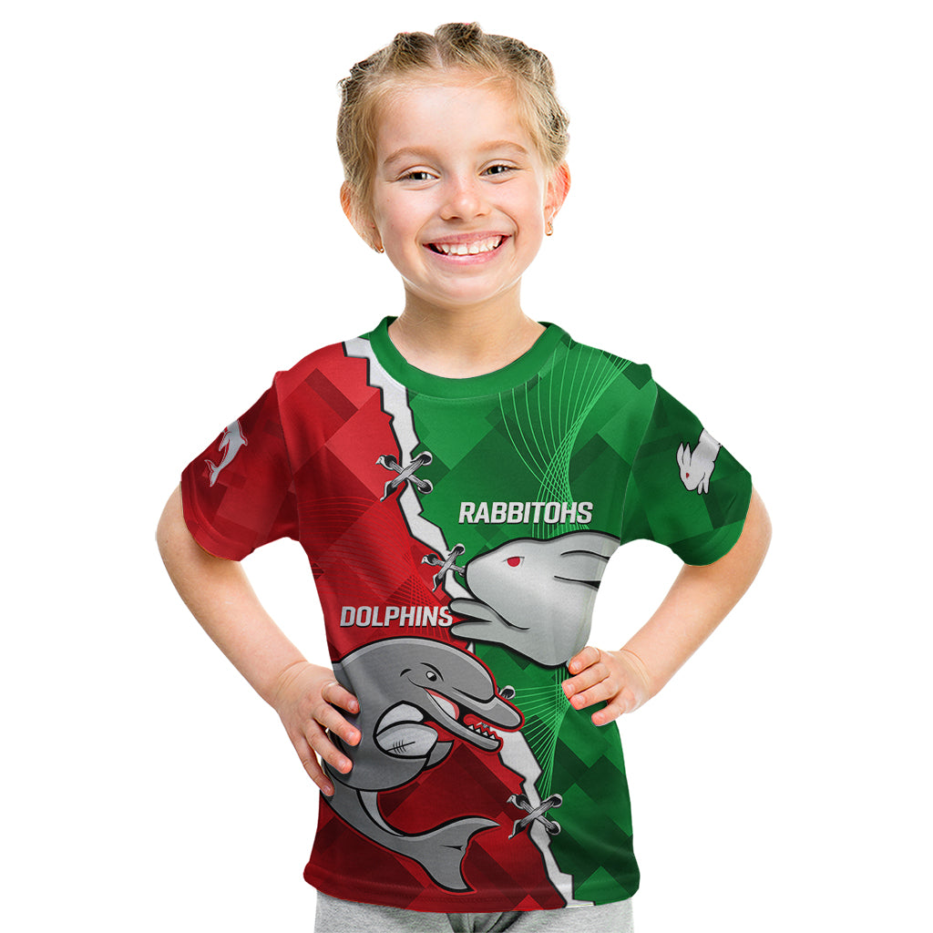 (Custom Personalised) Rabbitohs Mix Dolphins Rugby Kid T Shirt Sporty Style - Vibe Hoodie Shop