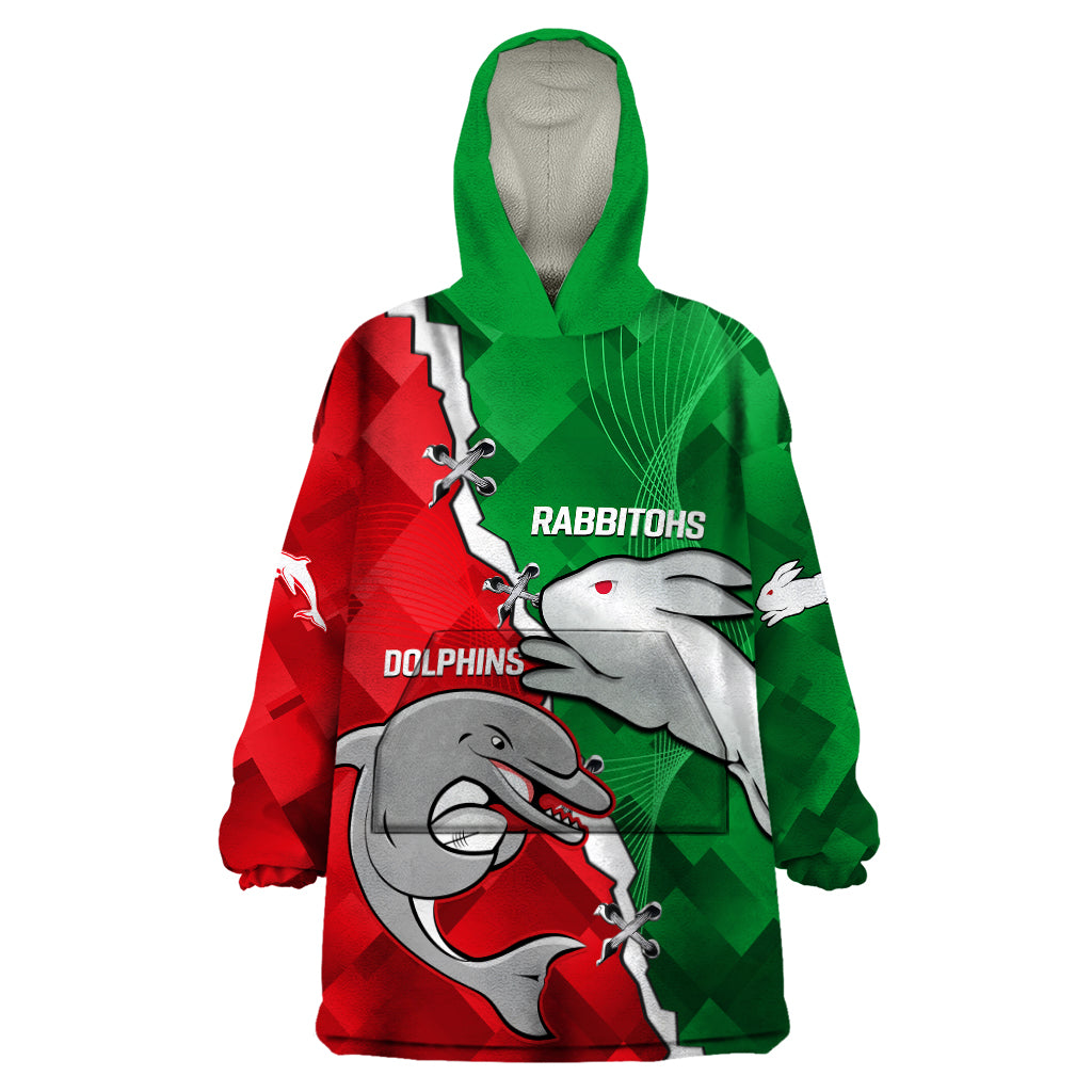 (Custom Personalised) Rabbitohs Mix Dolphins Rugby Wearable Blanket Hoodie Sporty Style - Vibe Hoodie Shop