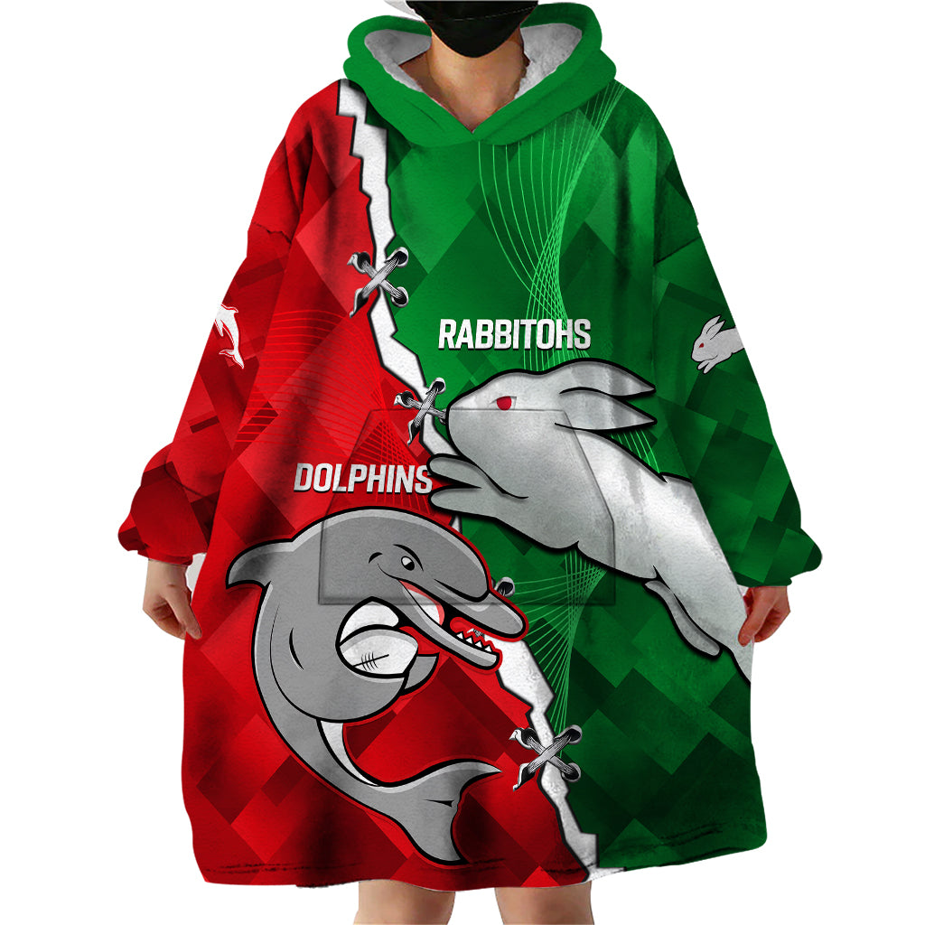 (Custom Personalised) Rabbitohs Mix Dolphins Rugby Wearable Blanket Hoodie Sporty Style - Vibe Hoodie Shop