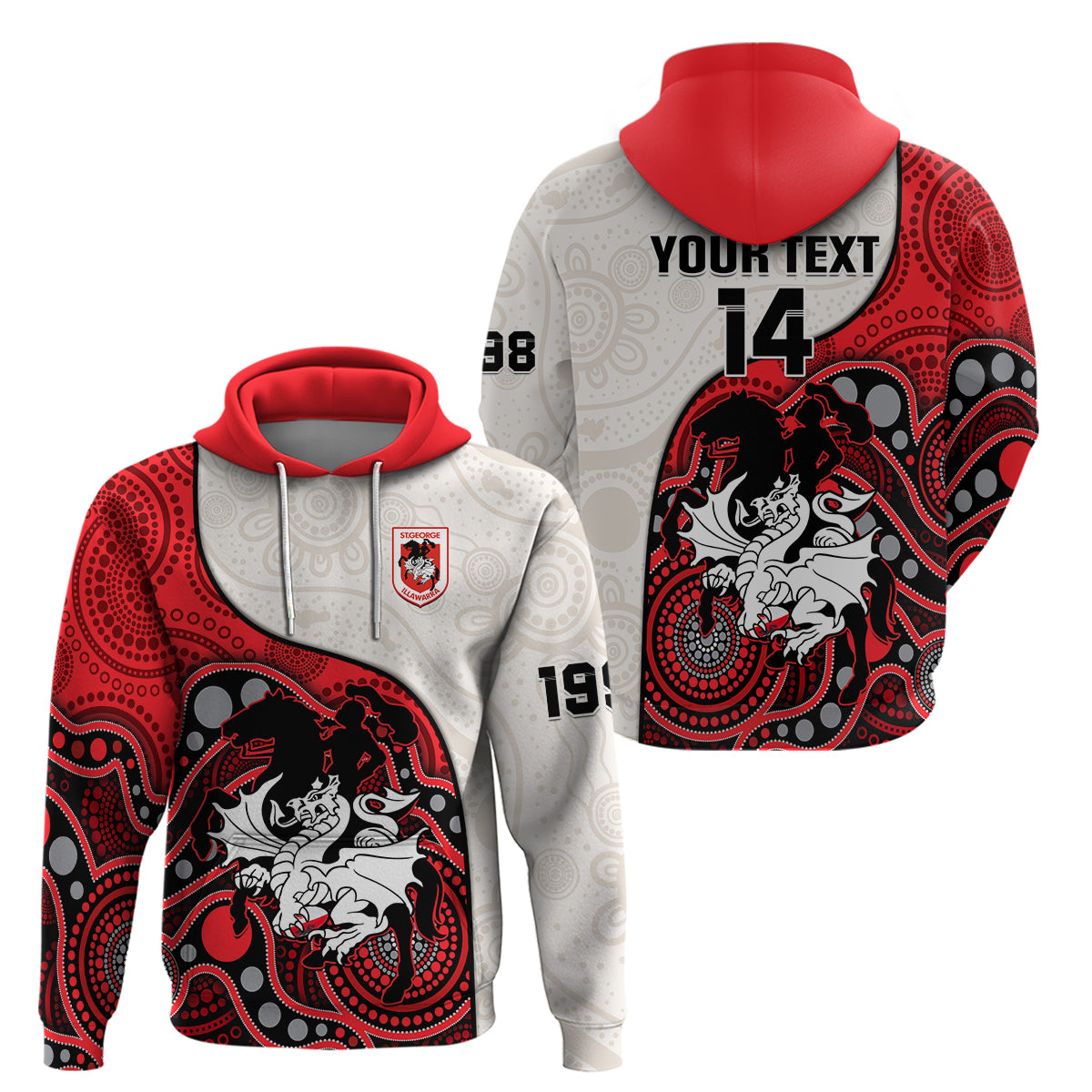(Custom Text And Number) Dragons Rugby Hoodie St George Illawarra 1998 Indigenous Art - Vibe Hoodie Shop