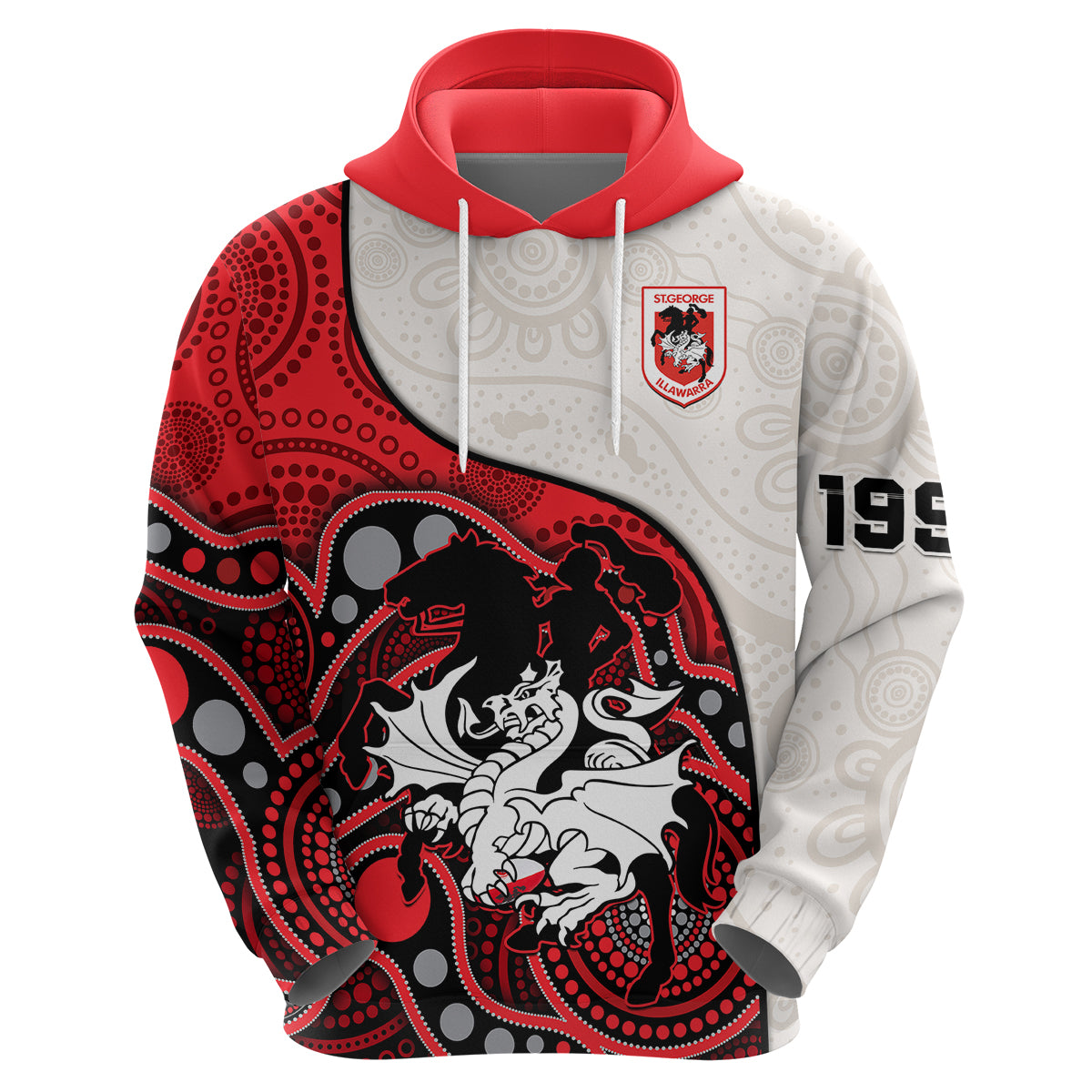 (Custom Text And Number) Dragons Rugby Hoodie St George Illawarra 1998 Indigenous Art - Vibe Hoodie Shop
