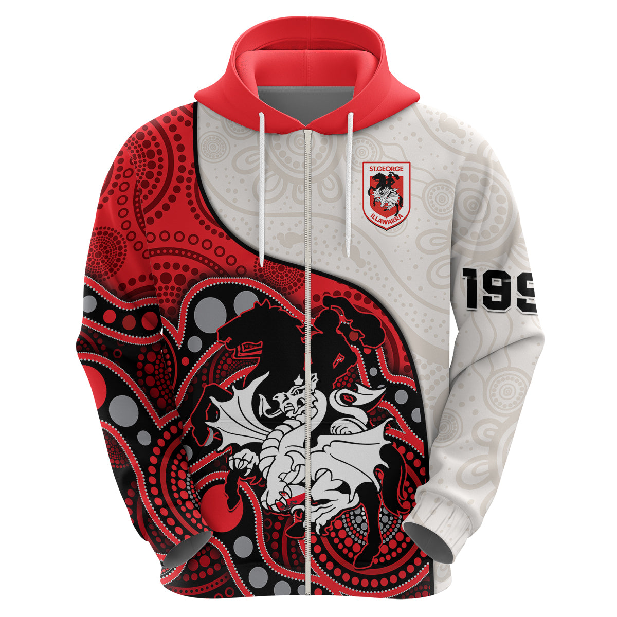 (Custom Text And Number) Dragons Rugby Hoodie St George Illawarra 1998 Indigenous Art - Vibe Hoodie Shop