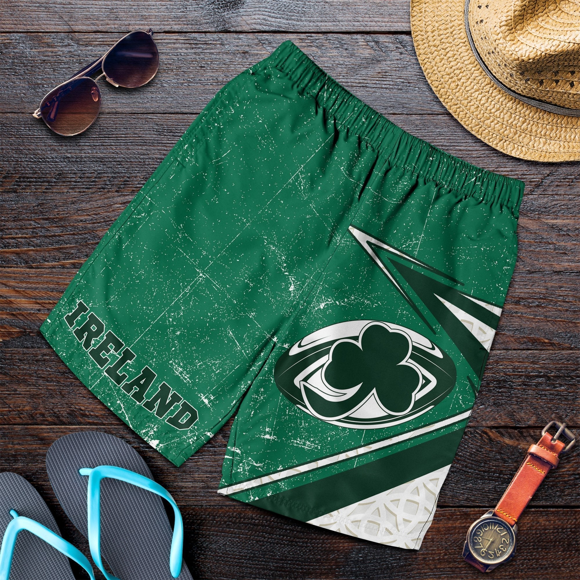 Ireland Rugby Men's Shorts - Celtic Shamrock and Rugby Ball - Vibe Hoodie Shop