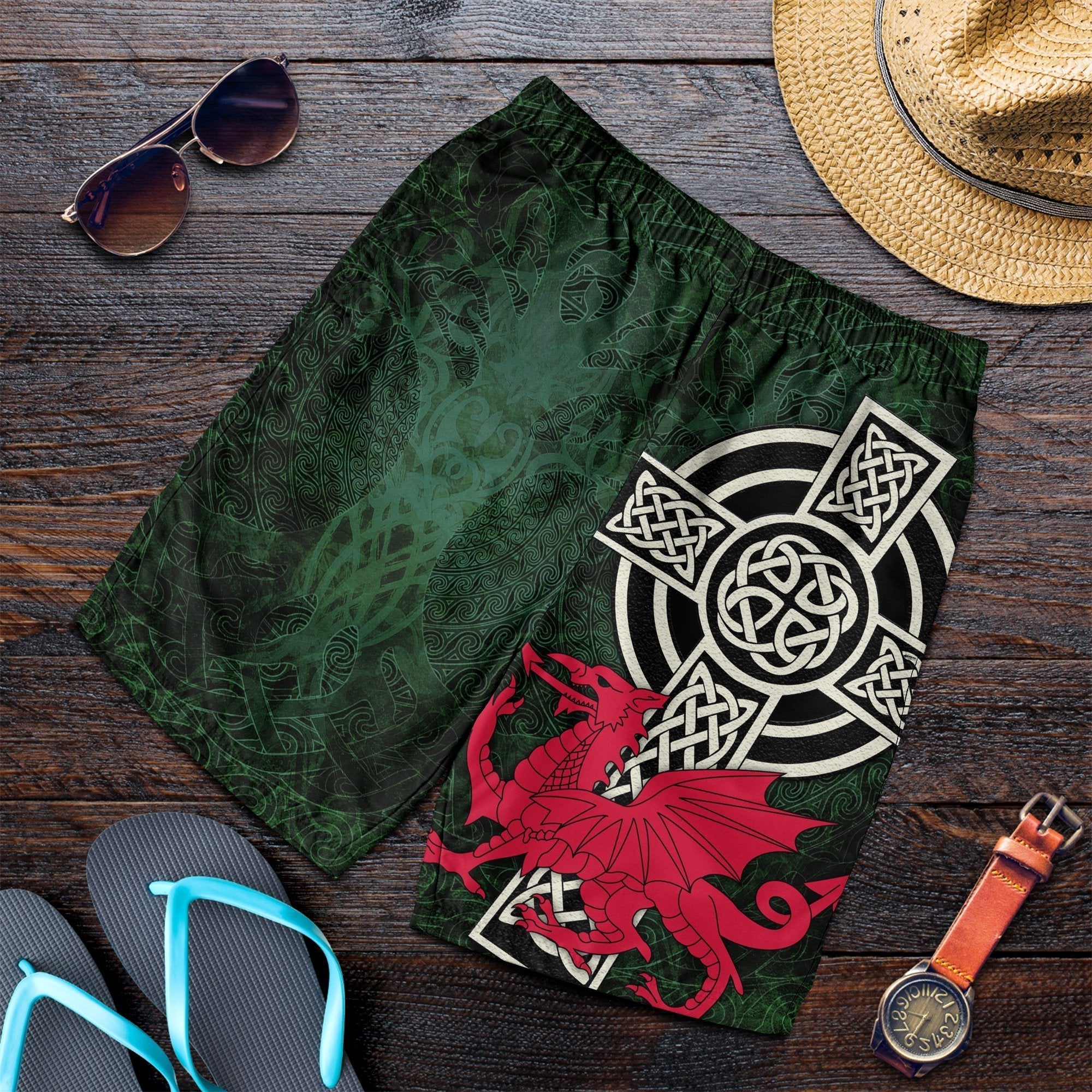 Wales Celtic Men's Shorts - Celtic Cross and Cymru Skew Style - Vibe Hoodie Shop