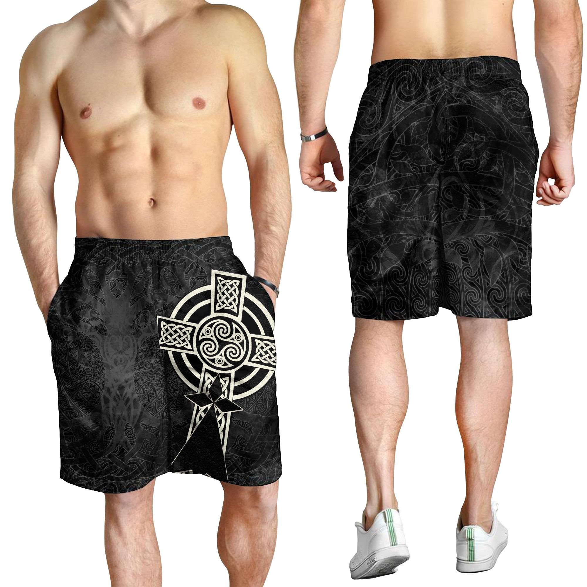 Brittany Celtic Men's Shorts - Celtic Cross and Stoat Ermine Skew Style - Vibe Hoodie Shop