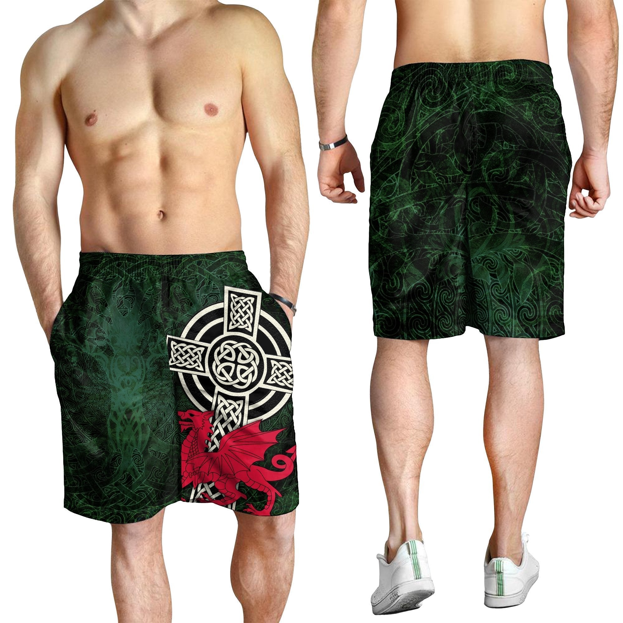 Wales Celtic Men's Shorts - Celtic Cross and Cymru Skew Style - Vibe Hoodie Shop