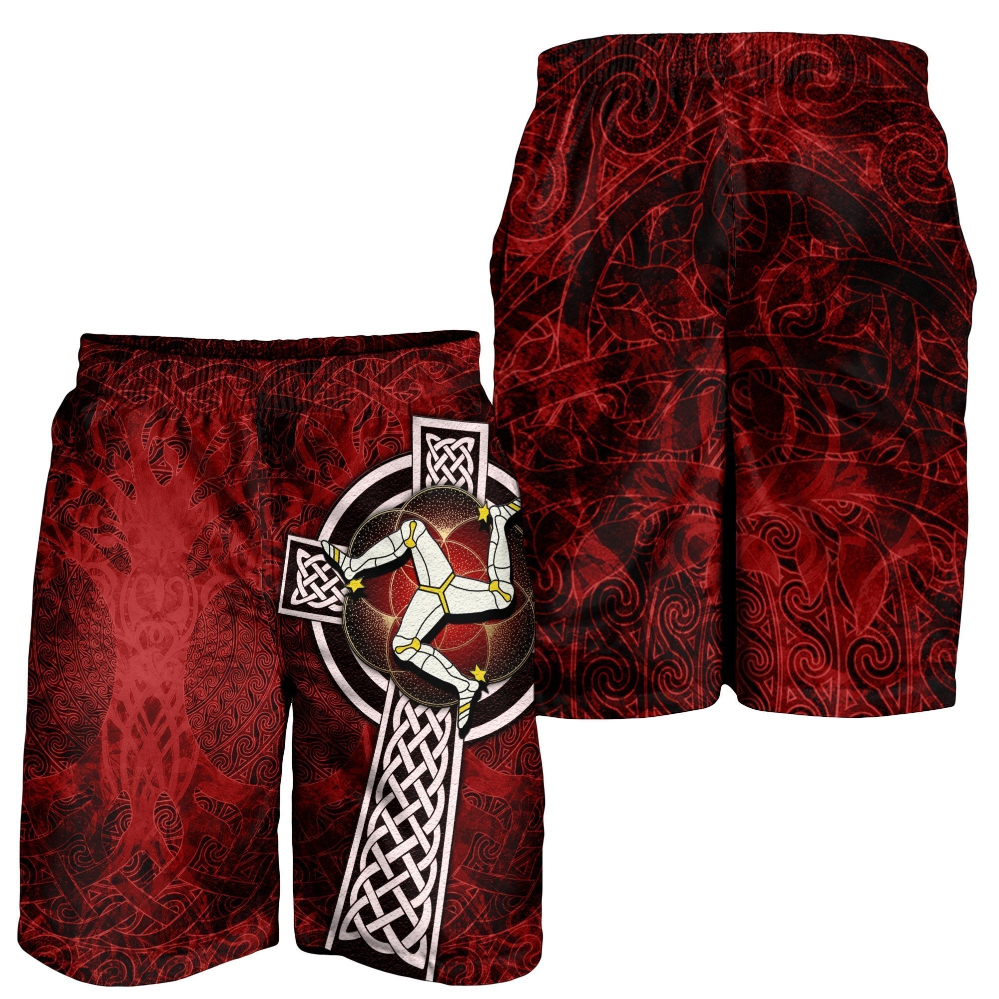 Isle Of Man Celtic Men's Shorts - Celtic Cross and Triskele Skew Style - Vibe Hoodie Shop