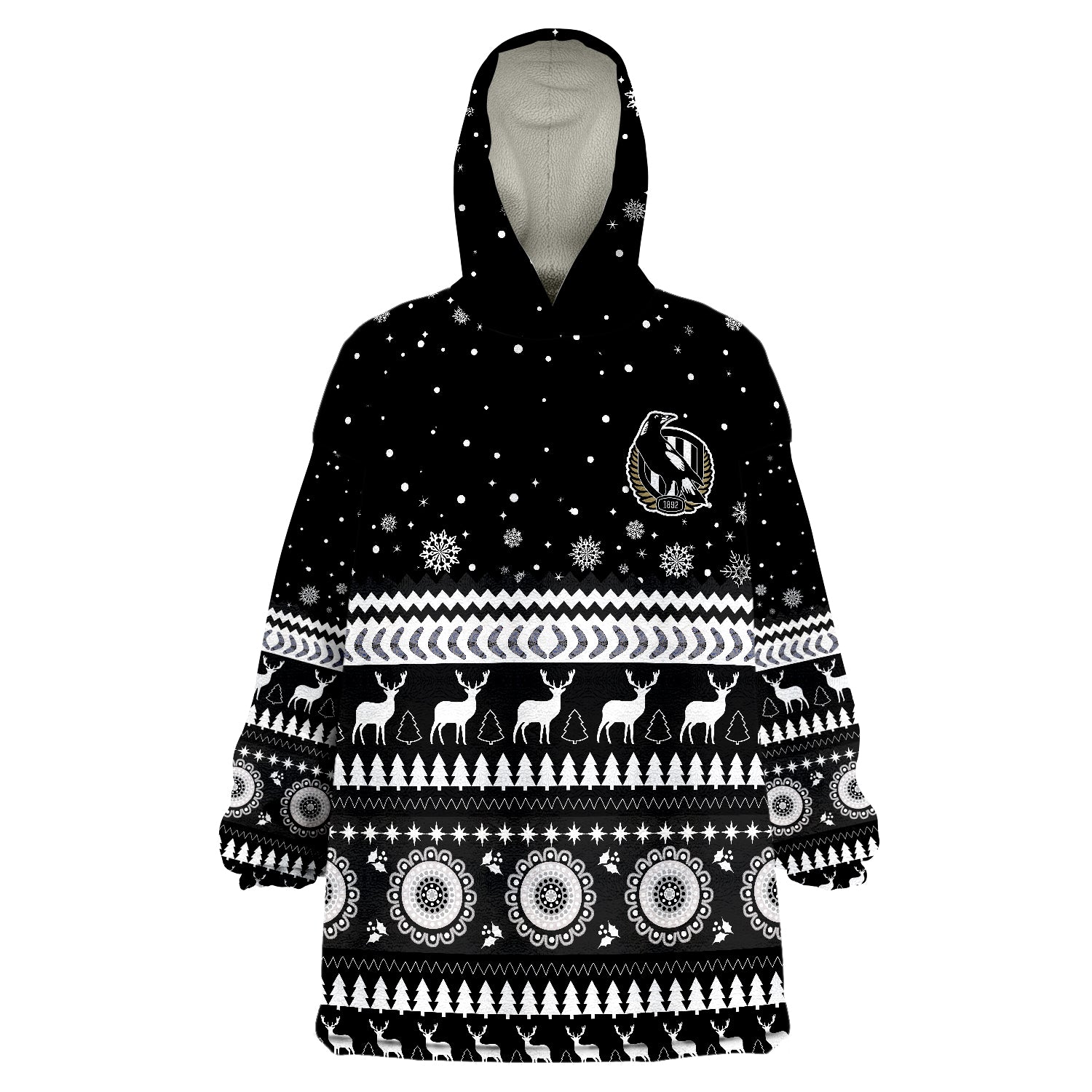 Magpies Christmas Indigenous Collingwood Football Wearable Blanket Hoodie - Vibe Hoodie Shop