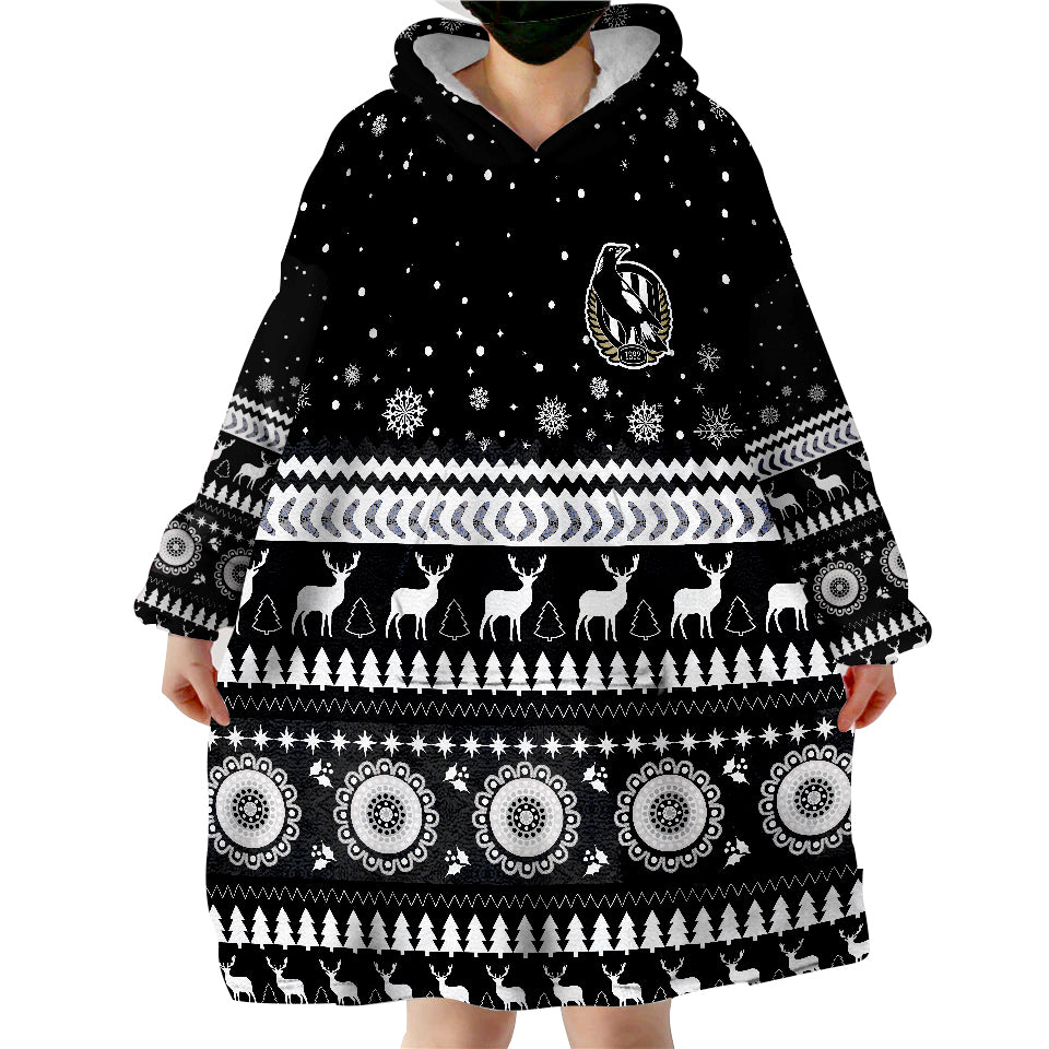 Magpies Christmas Indigenous Collingwood Football Wearable Blanket Hoodie - Vibe Hoodie Shop