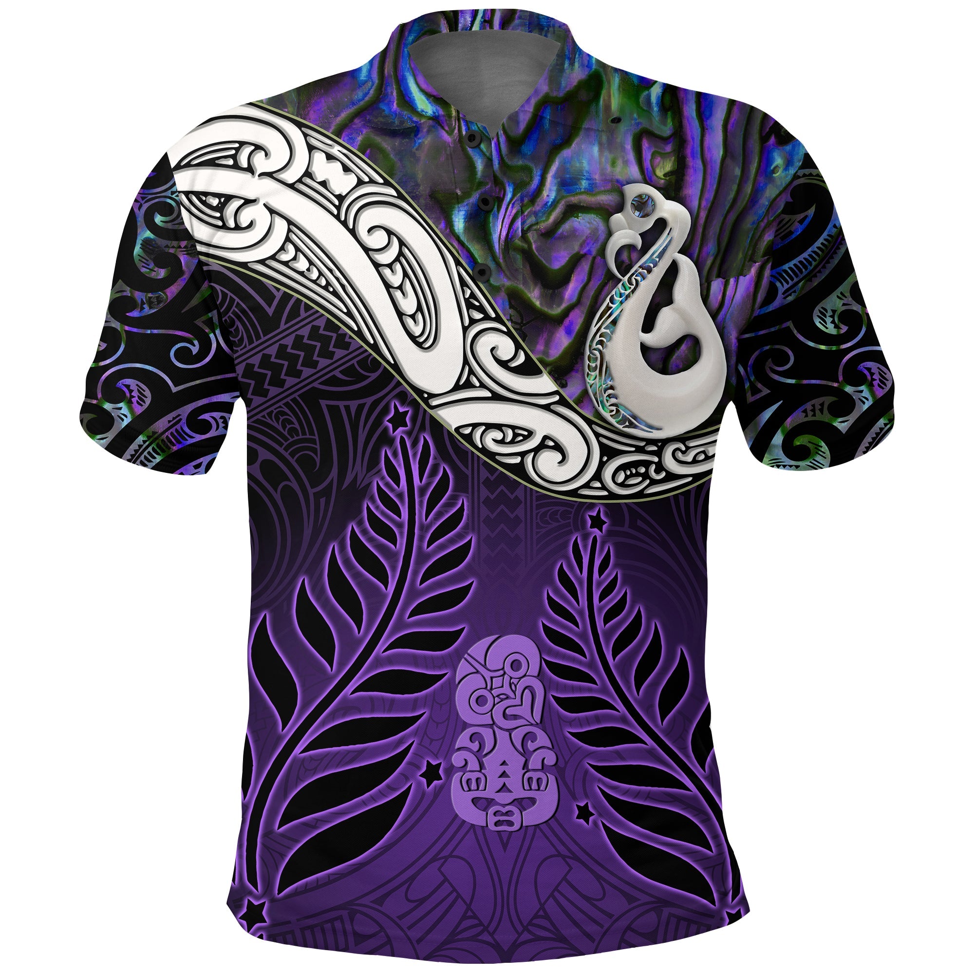 New Zealand Maori Polo Shirt - Manaia Paua Shell Glitter Purple LT4 - Vibe Hoodie Shop