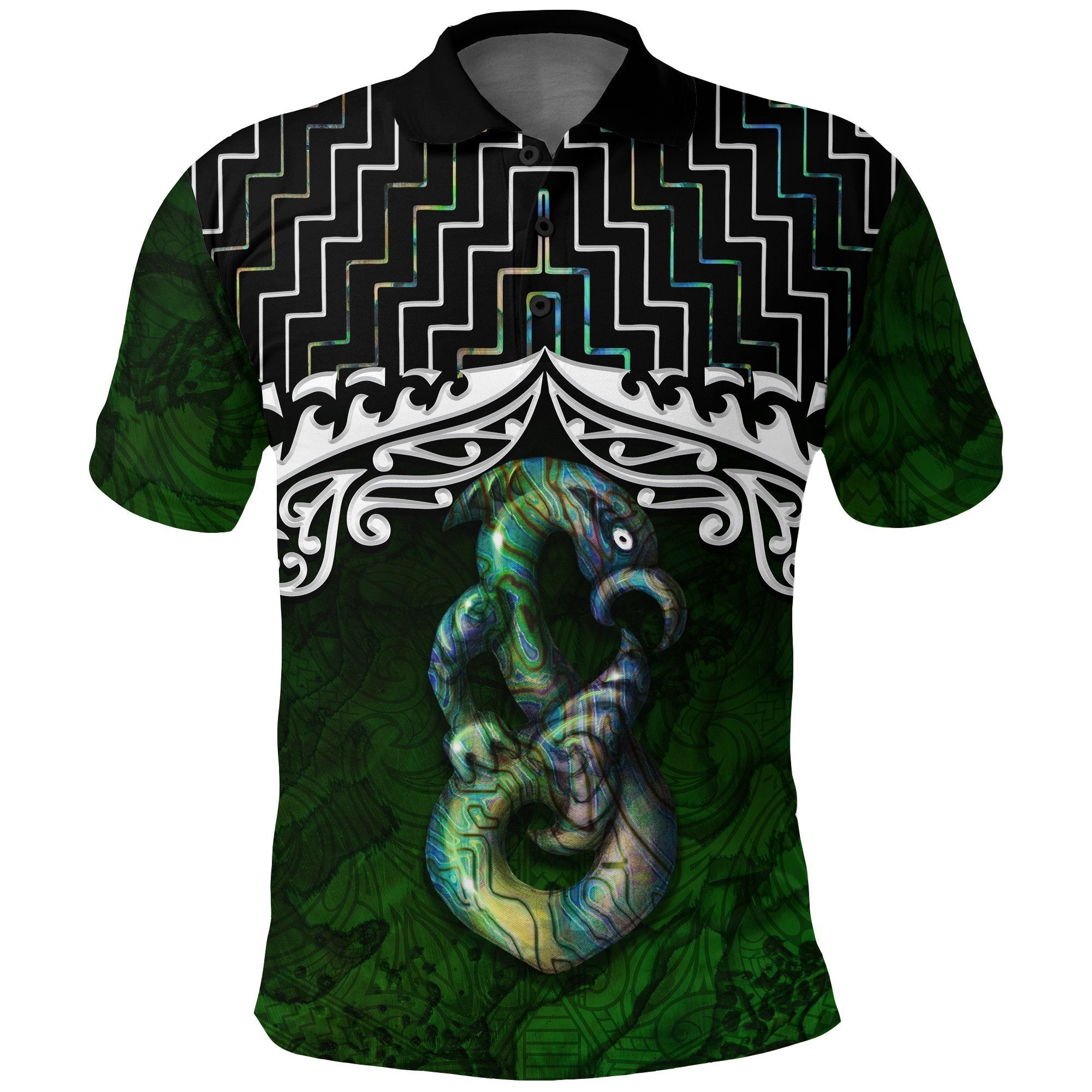 New Zealand Maori Polo Shirt, Poutama Manaia Paua Shell Golf Shirt - Vibe Hoodie Shop