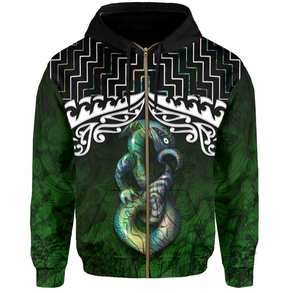 New Zealand Maori Zip Up Hoodie, Poutama Manaia Paua Shell Zipper Hoodie - Vibe Hoodie Shop