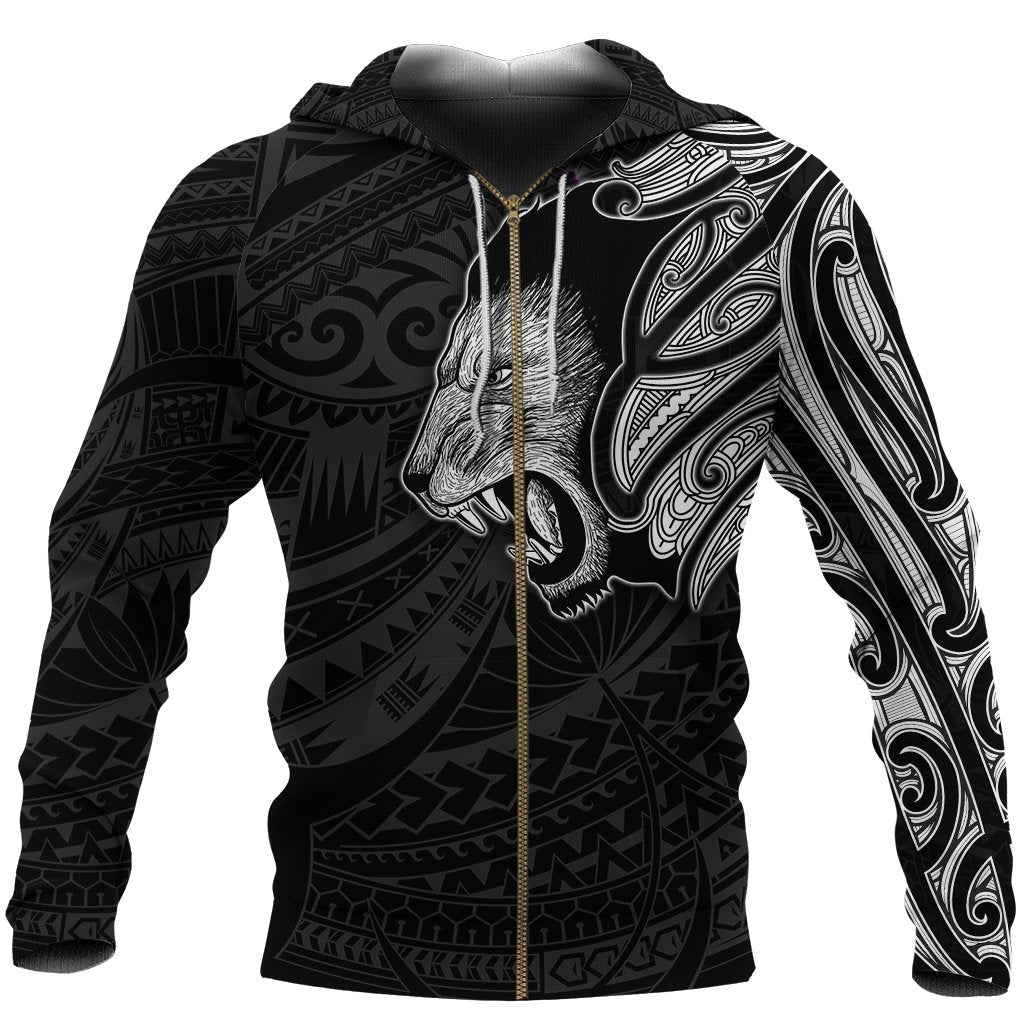 New Zealand Zip Up Hoodie, Maori Lion Tattoo Zipper Hoodie - White - Vibe Hoodie Shop