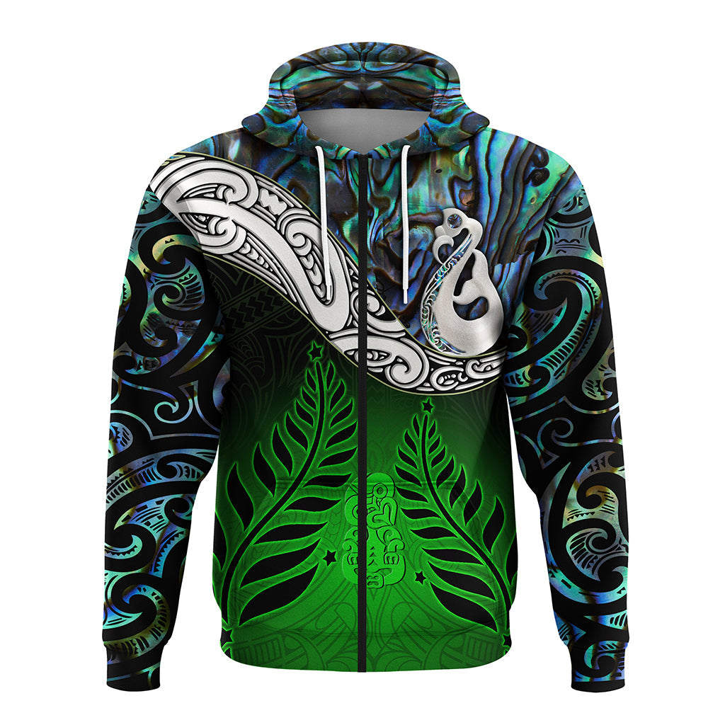 New Zealand Maori Zip Hoodie - Manaia Paua Shell Glitter Green LT4 - Vibe Hoodie Shop