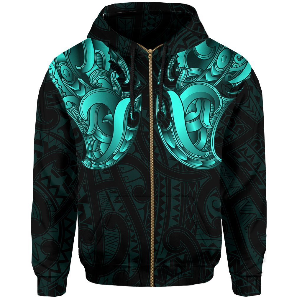 Maori Ta Moko Zip Hoodie New Zealand Turquoise - Vibe Hoodie Shop