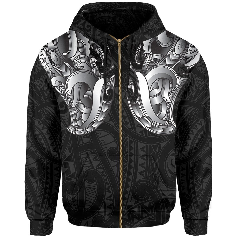 Maori Ta Moko Zip Hoodie New Zealand White - Vibe Hoodie Shop