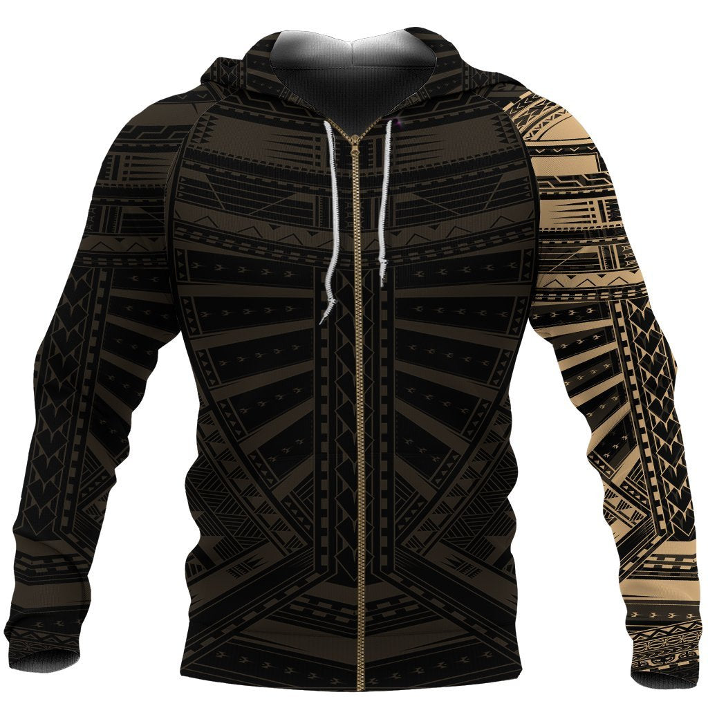 New Zealand Zip Up Hoodie, Maori Samoan Polynesian Tattoo Zipper Hoodie - Gold - Vibe Hoodie Shop