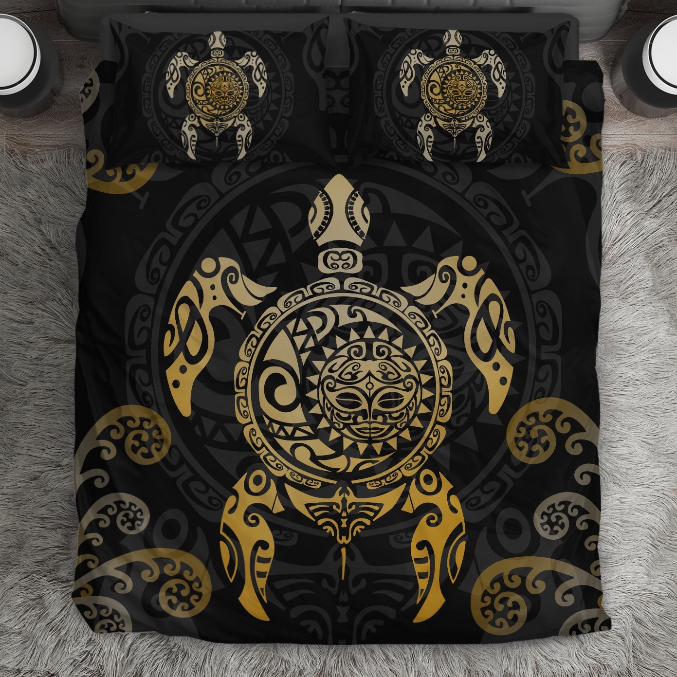 Maori Turtle Bedding Set Koru Fern Gold - Vibe Hoodie Shop