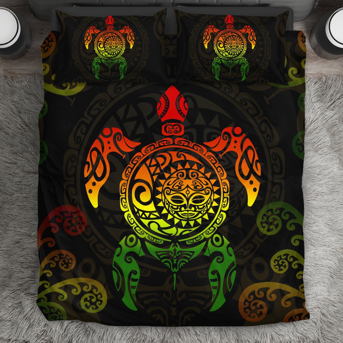 Maori Turtle Bedding Set Koru Fern Rasta - Vibe Hoodie Shop