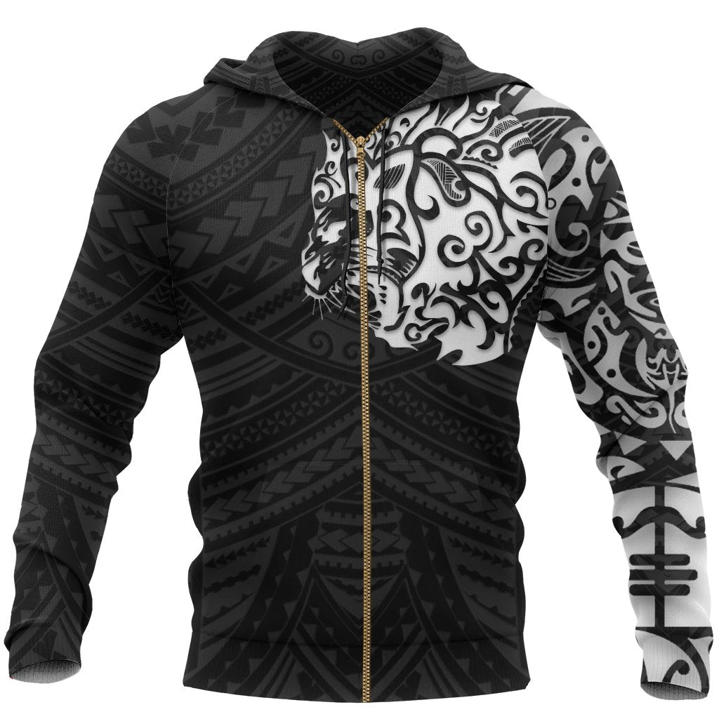 Maori Hoodie, New Zealand Lion Tattoo Zip Up Hoodie - Vibe Hoodie Shop