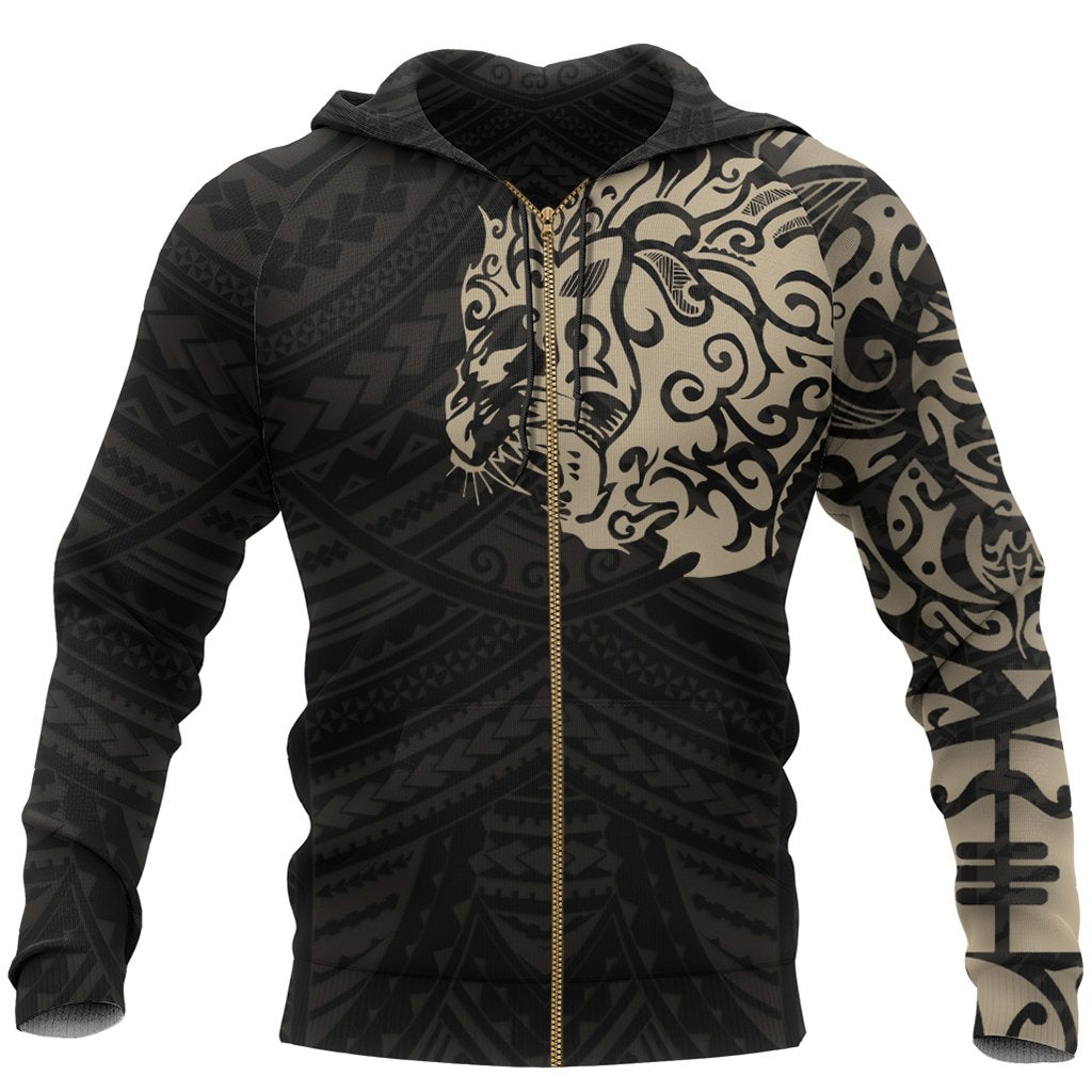 Maori Tattoo Hoodie, New Zealand Lion Tattoo Zipper Hoodie Tan - Vibe Hoodie Shop