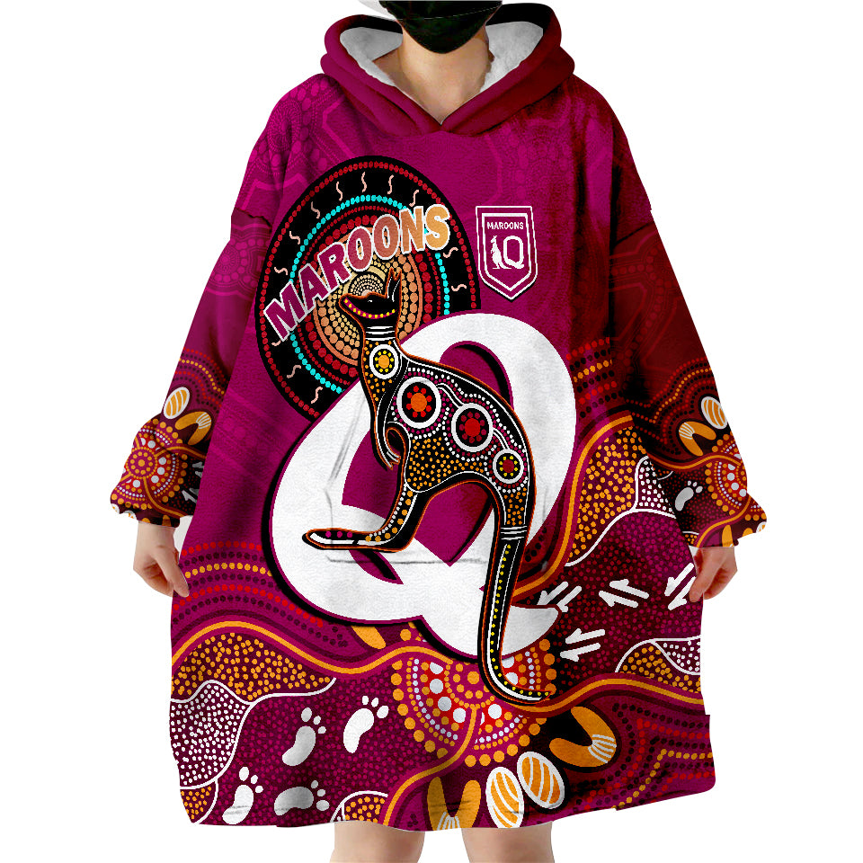 Maroons Rugby Queensland Kangaroo Aboriginal Dot Paintings Wearable Blanket Hoodie - Vibe Hoodie Shop