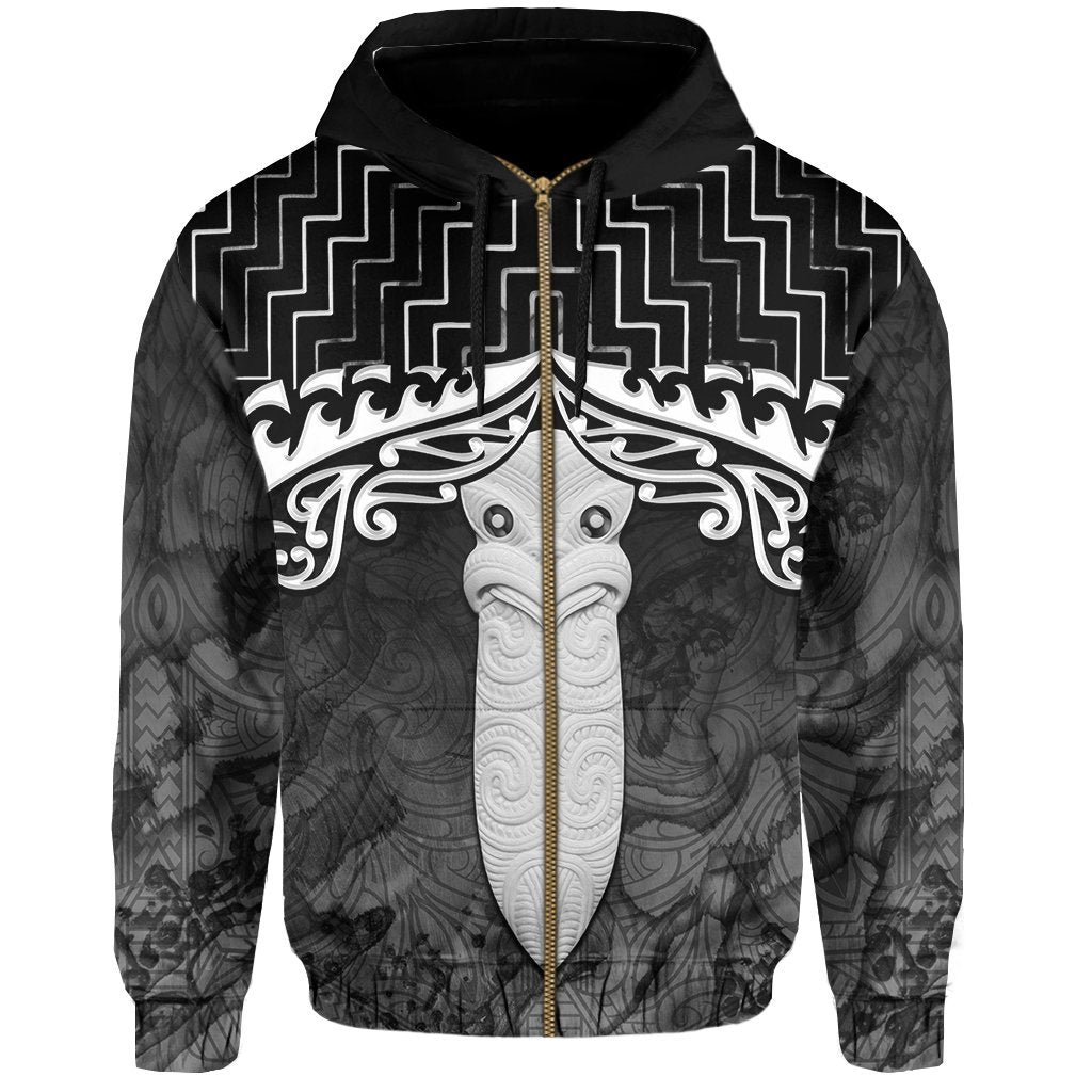 New Zealand Zip Up Hoodie, Poutama Maori Hei Tiki Zipper Hoodie Black - Vibe Hoodie Shop