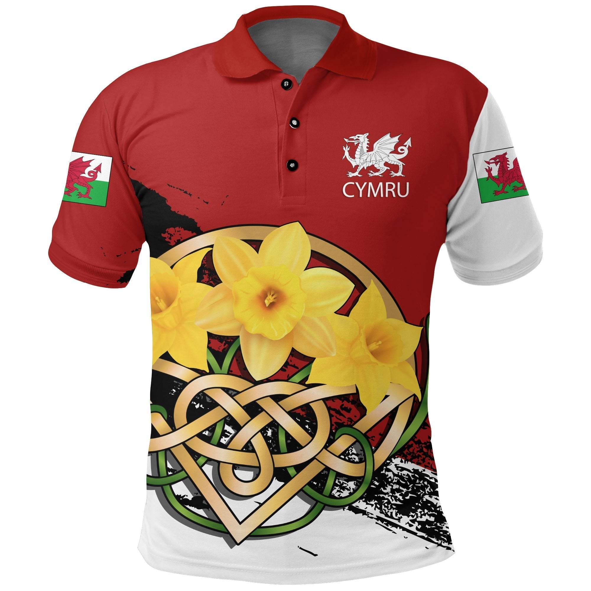 Wales Polo Shirt - Daffodil Celtic Knot (Red) - Vibe Hoodie Shop