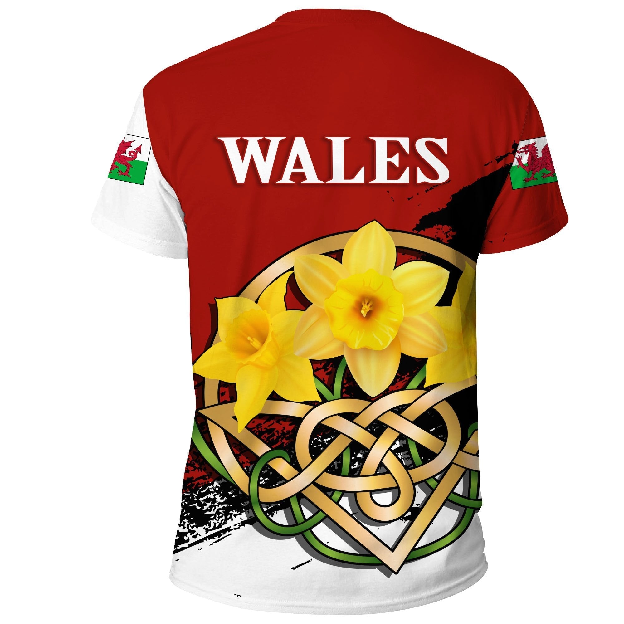 Wales T shirt - Daffodil Celtic Knot (Red) - Vibe Hoodie Shop