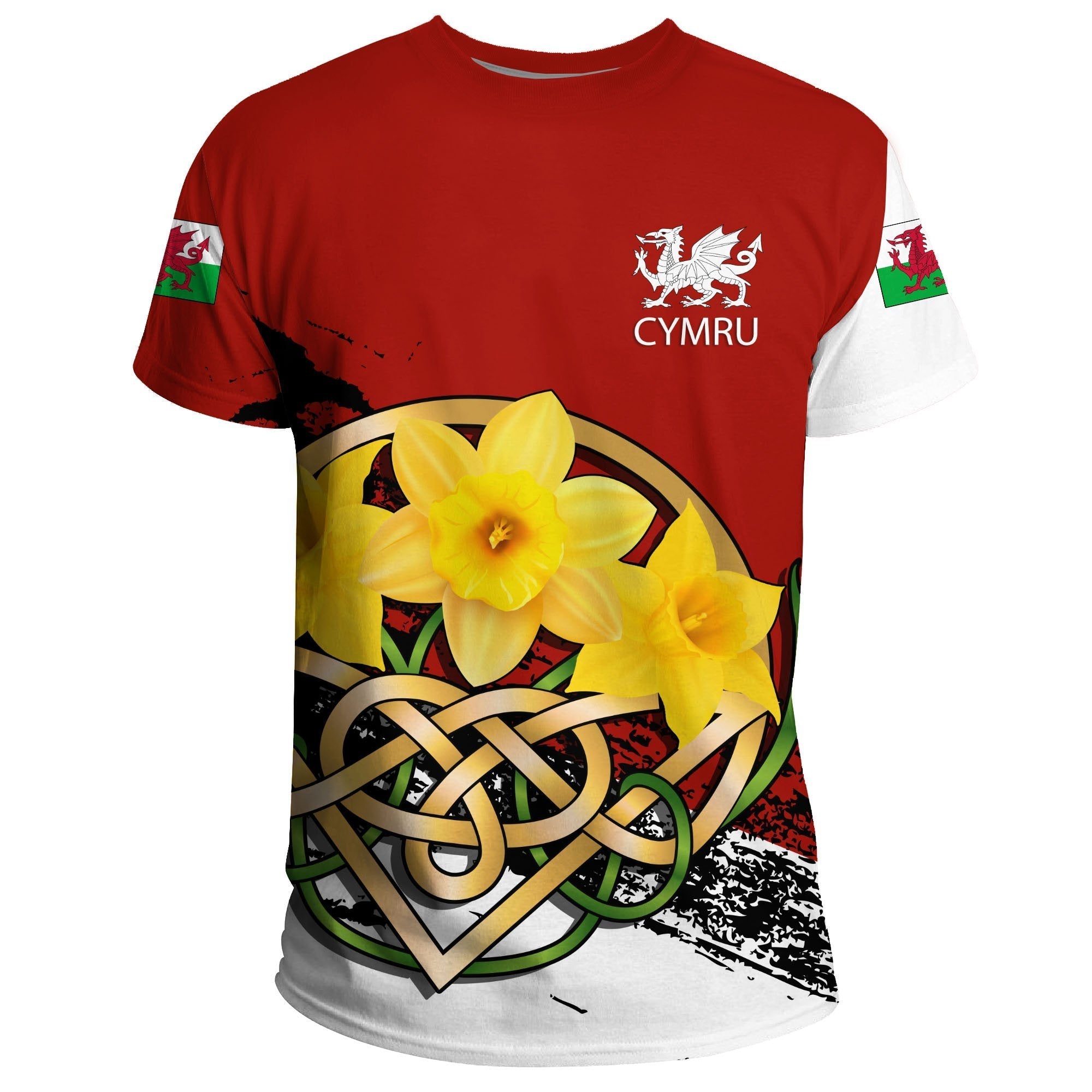 Wales T shirt - Daffodil Celtic Knot (Red) - Vibe Hoodie Shop