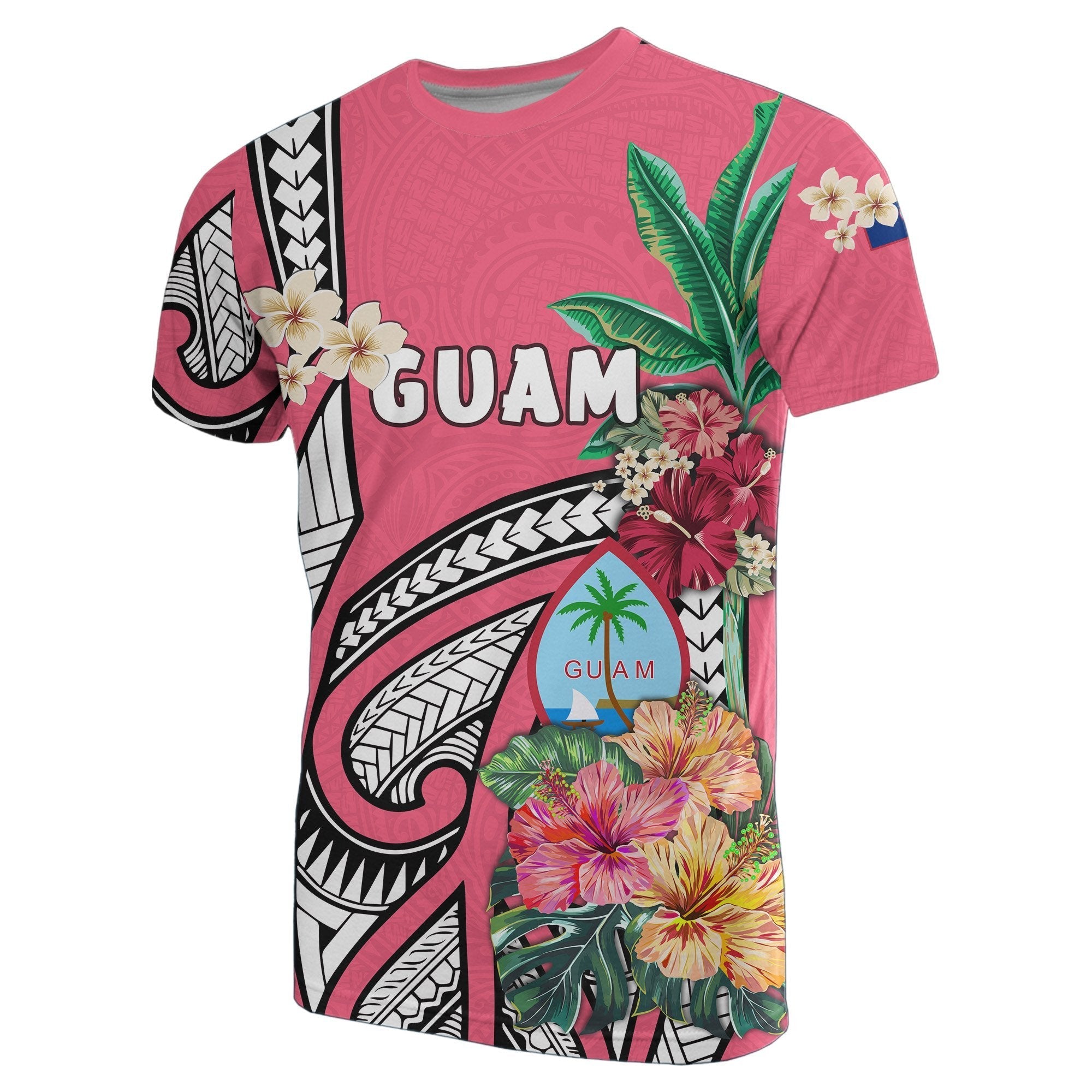 Guam T shirt Coat Of Arms Polynesian With Hibiscus Pink - Vibe Hoodie Shop