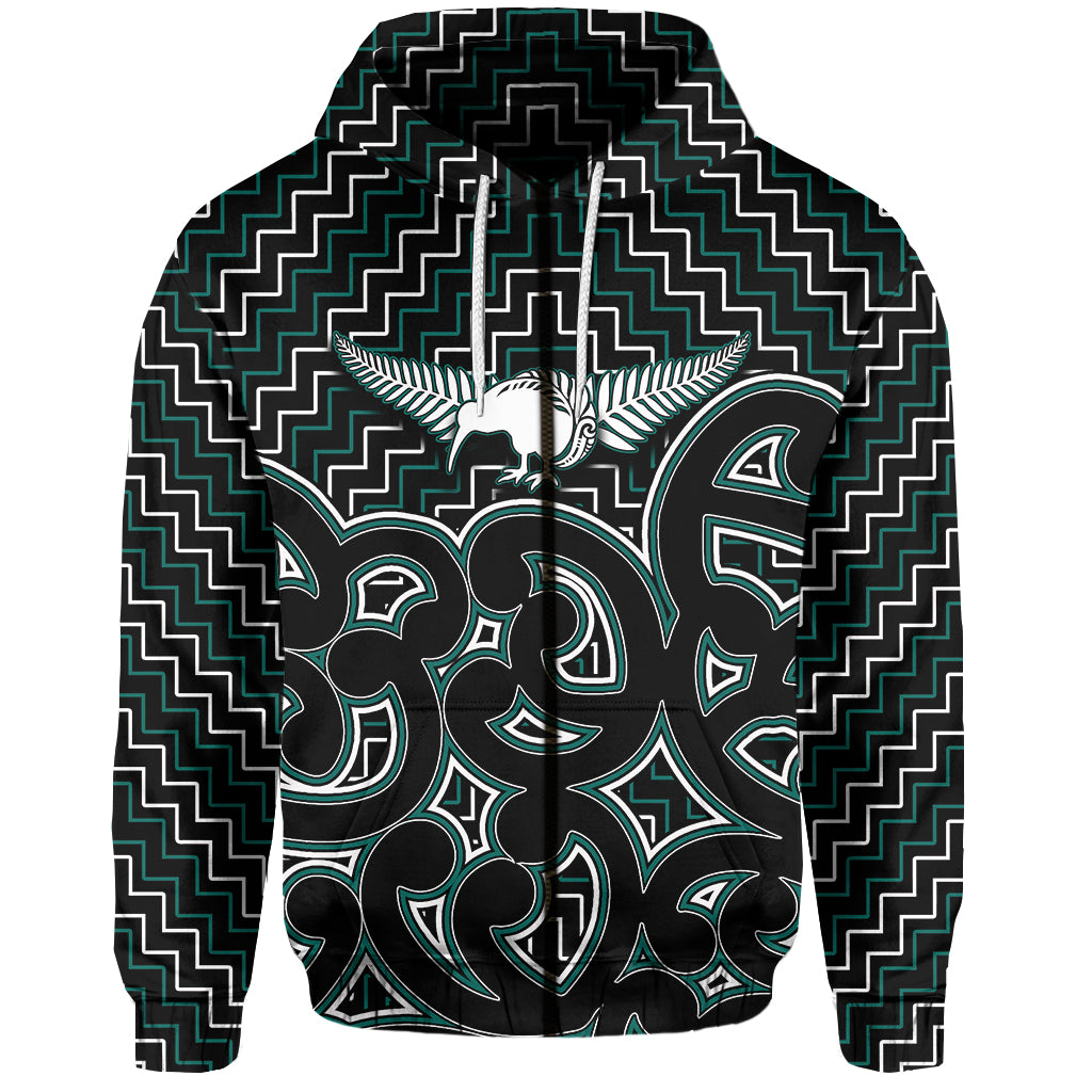 New Zealand Zip Hoodie Maori Graphic Tee patterns Green LT6 - Vibe Hoodie Shop