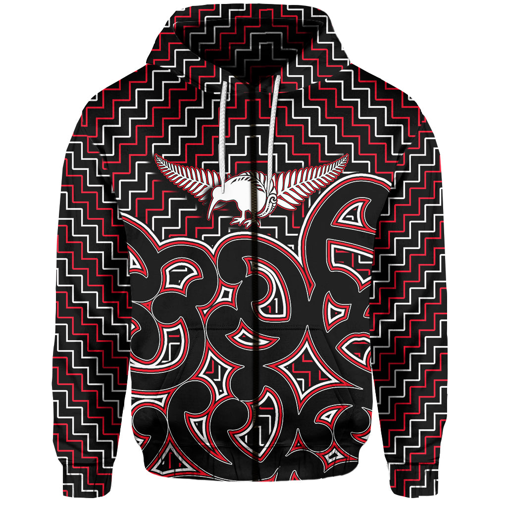 New Zealand Zip Hoodie Maori Graphic Tee patterns Red LT6 - Vibe Hoodie Shop