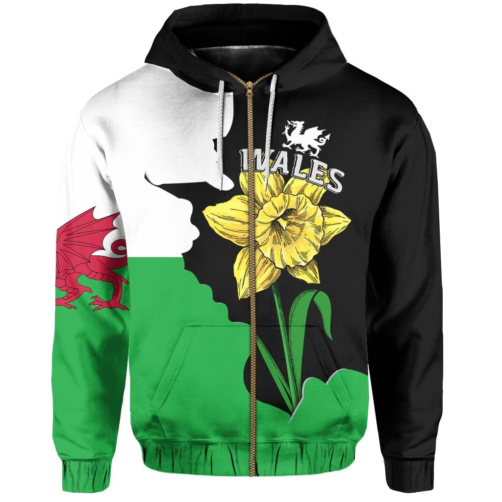 Wales Zip Hoodie Flag With Daffodils - Vibe Hoodie Shop