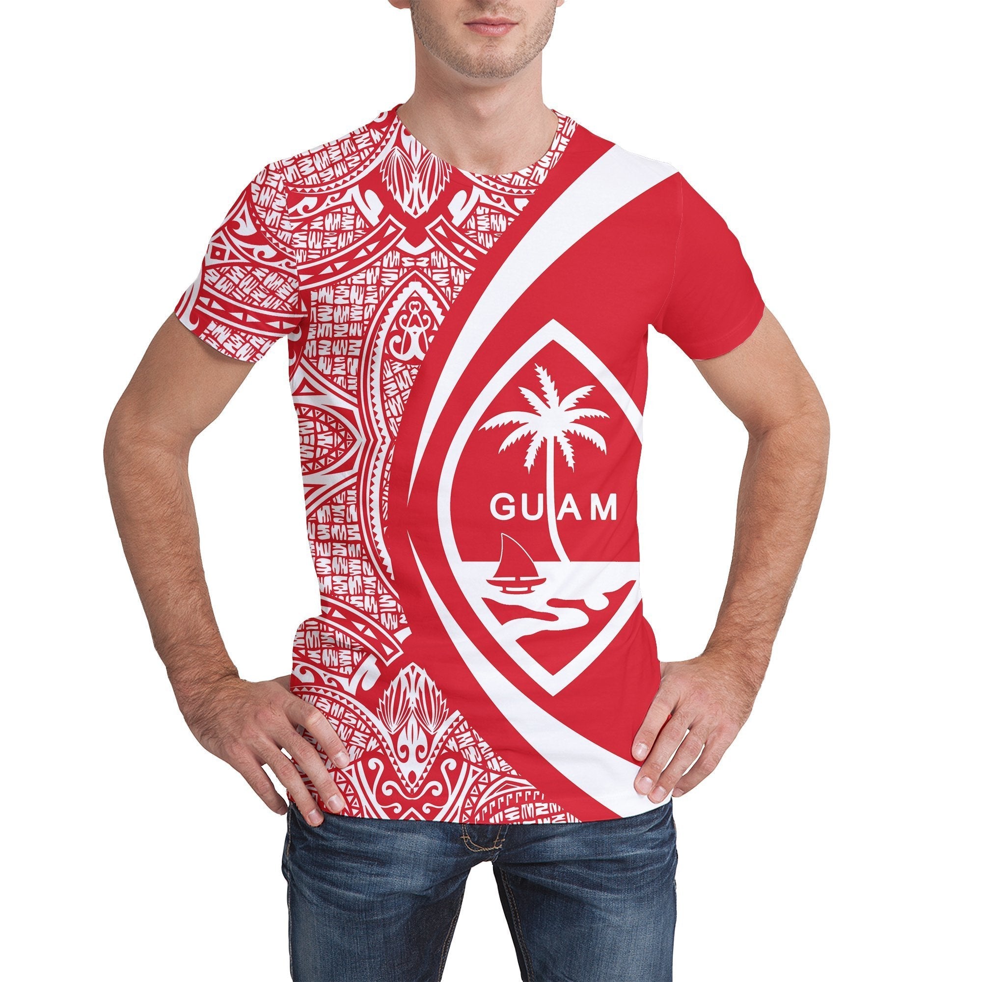 Guam Coat Of Arms T shirt - Circle Style - Red - Vibe Hoodie Shop