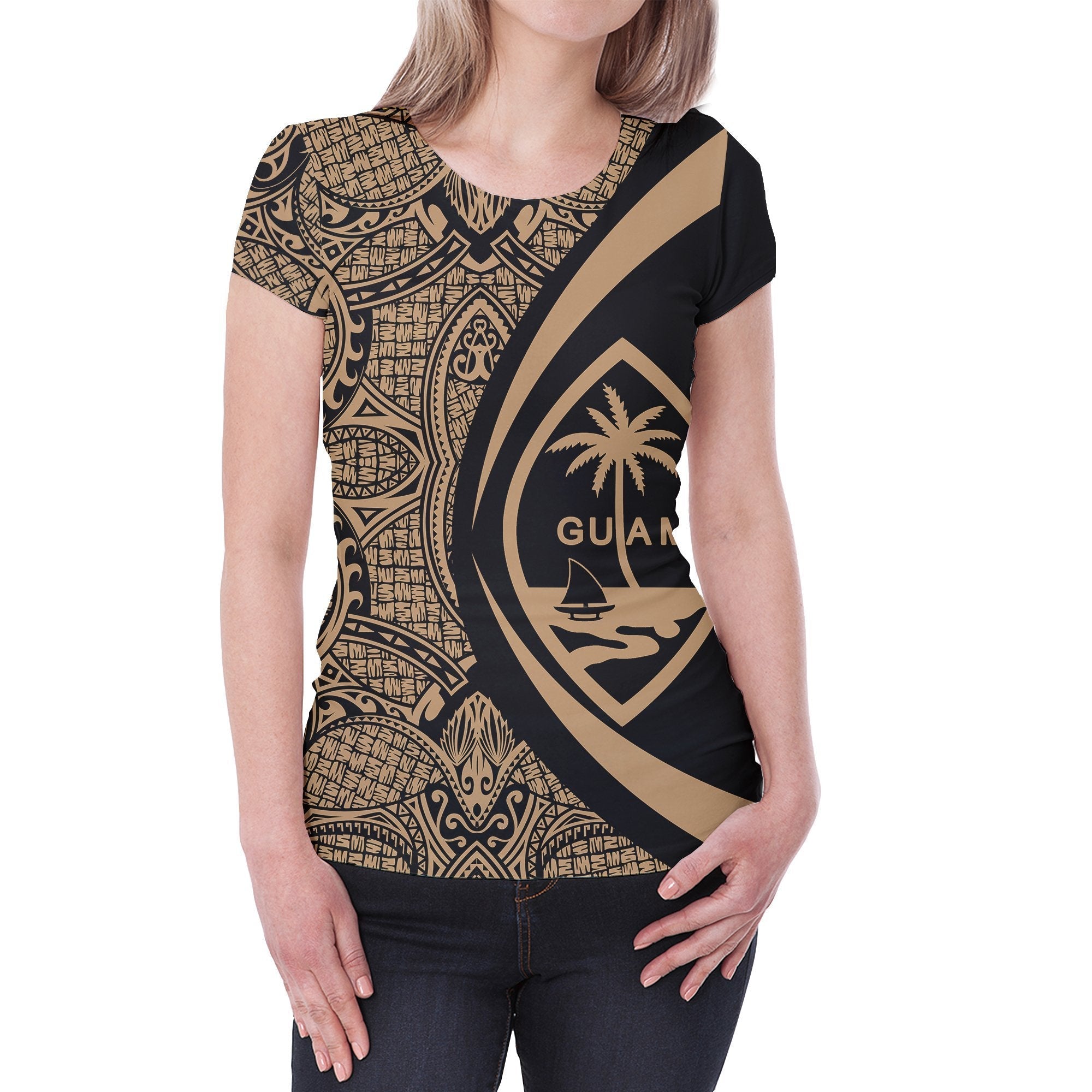 Guam Coat Of Arms T shirt - Circle Style - Gold And Black - Vibe Hoodie Shop