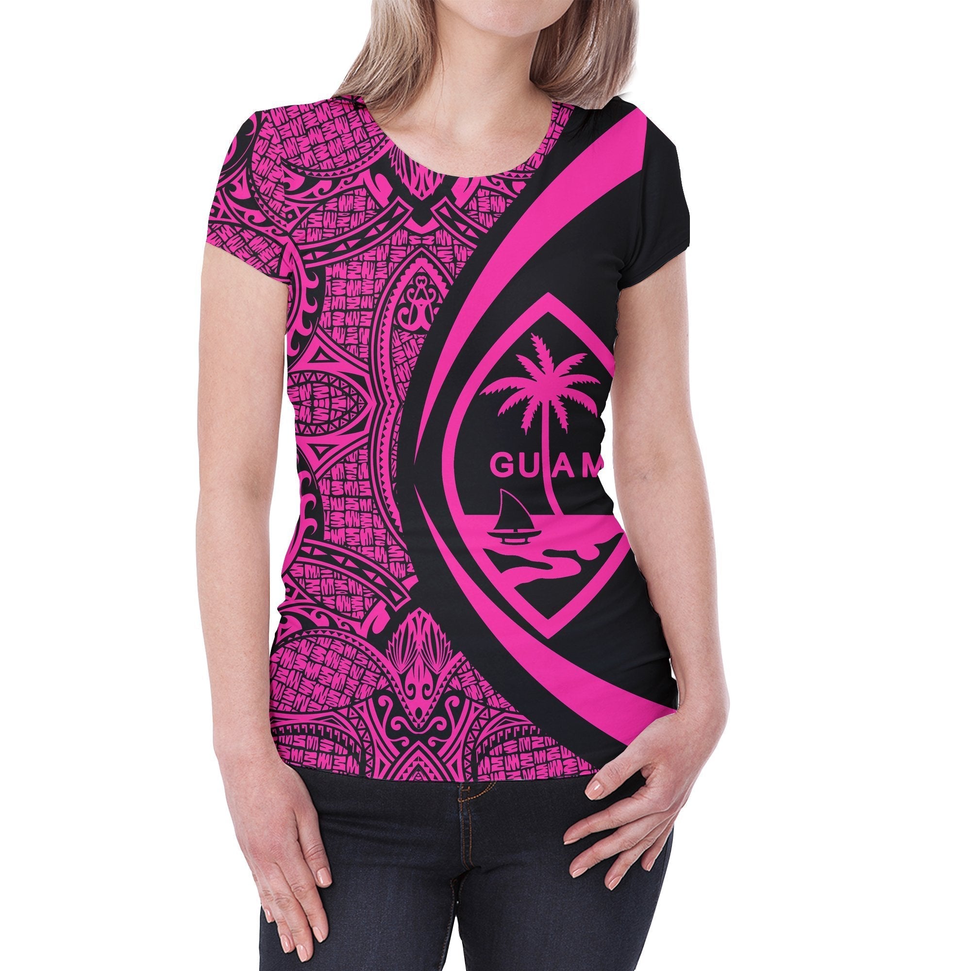 Guam Coat Of Arms T shirt - Circle Style - Pink - Vibe Hoodie Shop