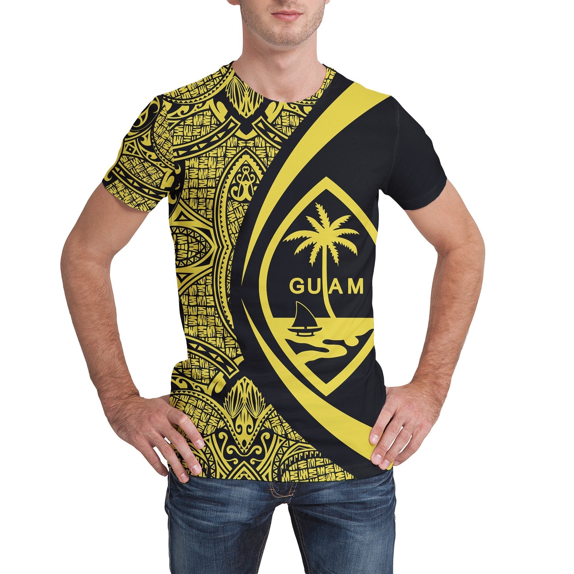 Guam Coat Of Arms T shirt - Circle Style - Yellow - Vibe Hoodie Shop