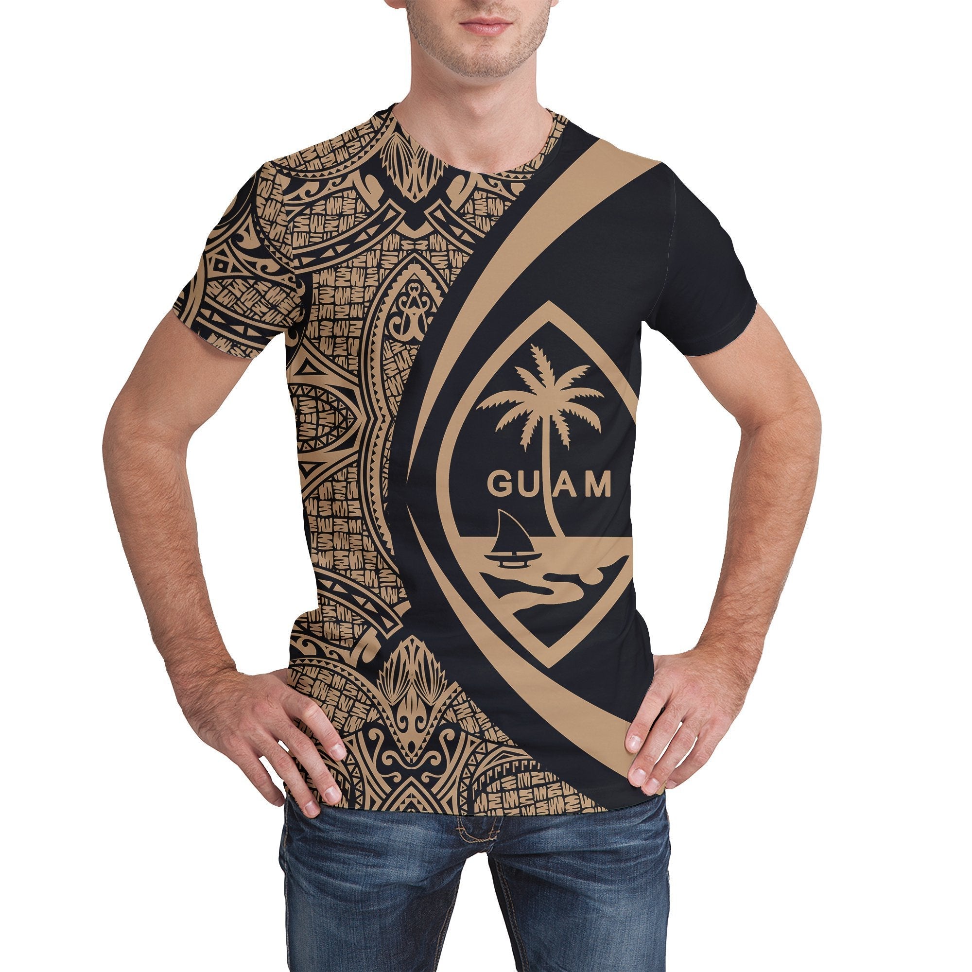 Guam Coat Of Arms T shirt - Circle Style - Gold And Black - Vibe Hoodie Shop