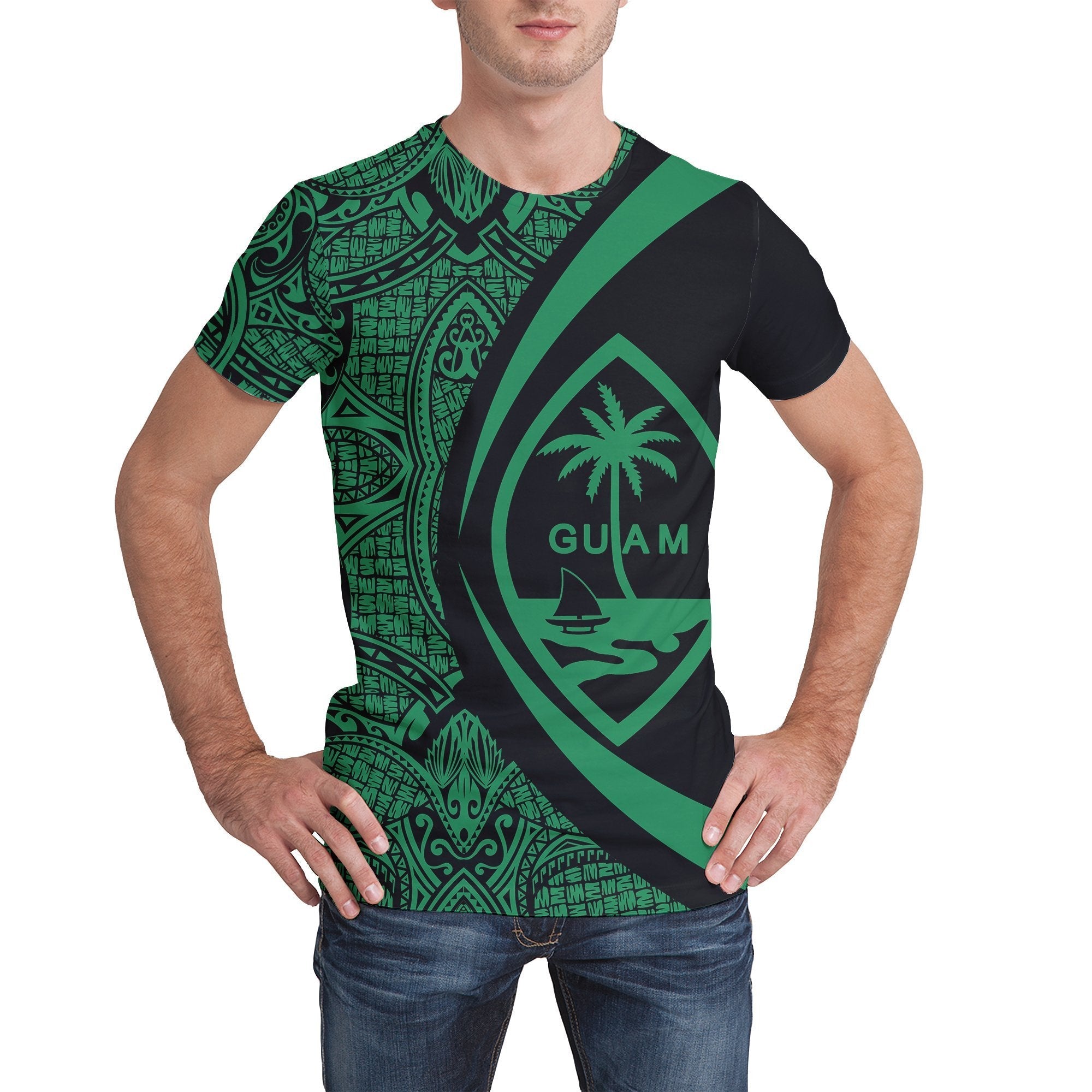 Guam Coat Of Arms T shirt - Circle Style - Green - Vibe Hoodie Shop