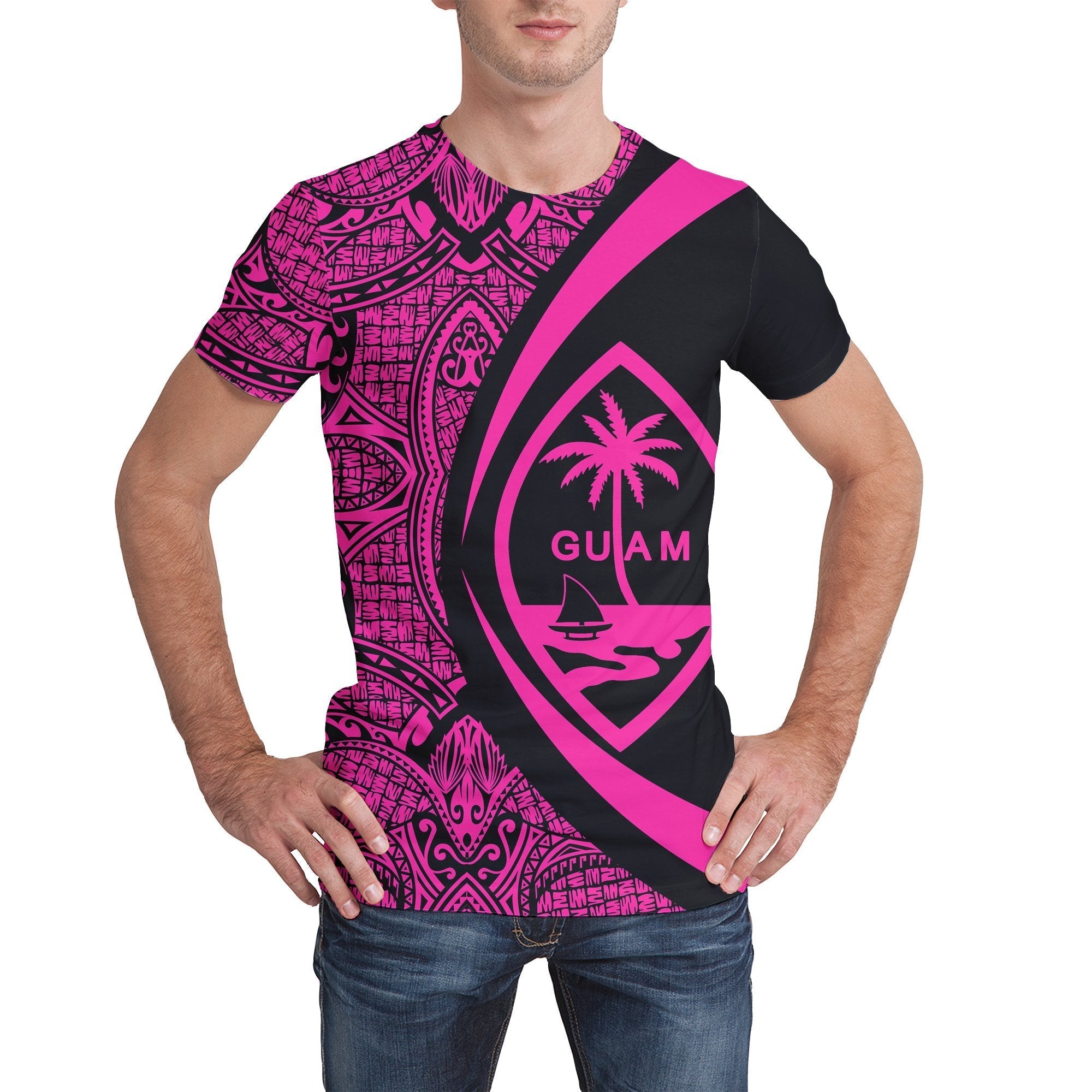 Guam Coat Of Arms T shirt - Circle Style - Pink - Vibe Hoodie Shop