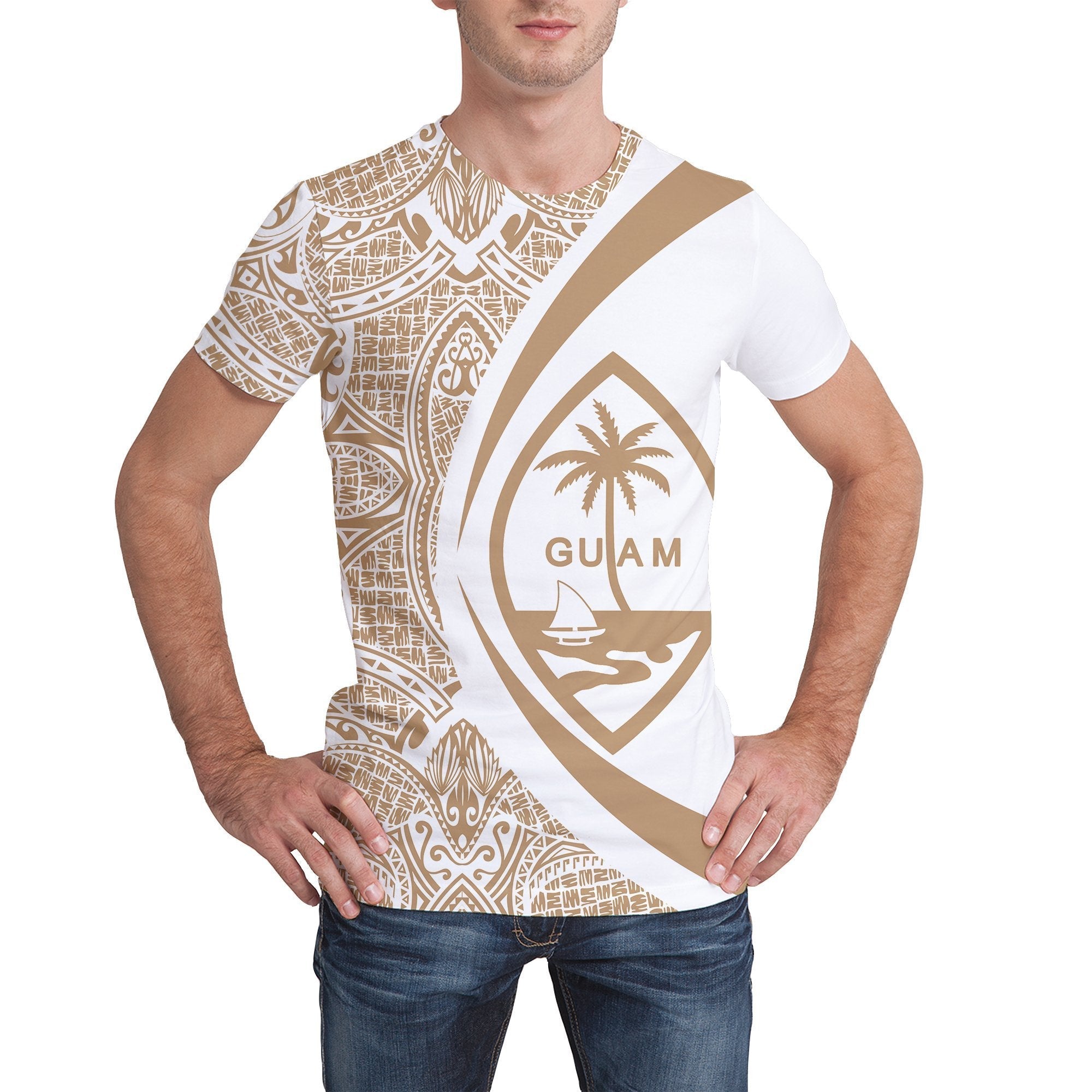 Guam Coat Of Arms T shirt - Circle Style - Gold - Vibe Hoodie Shop