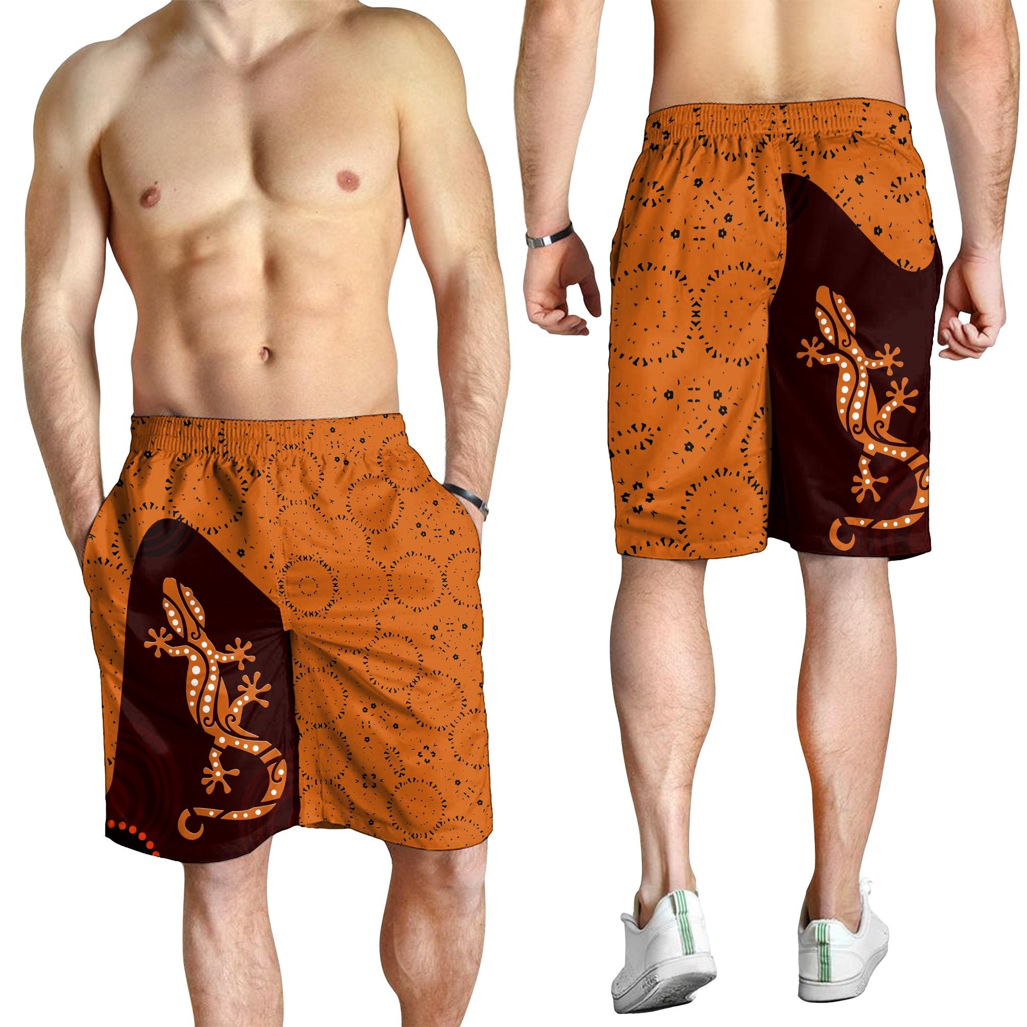 Aboriginal Men Shorts - Lizard in Aboriginal Dreaming - Vibe Hoodie Shop