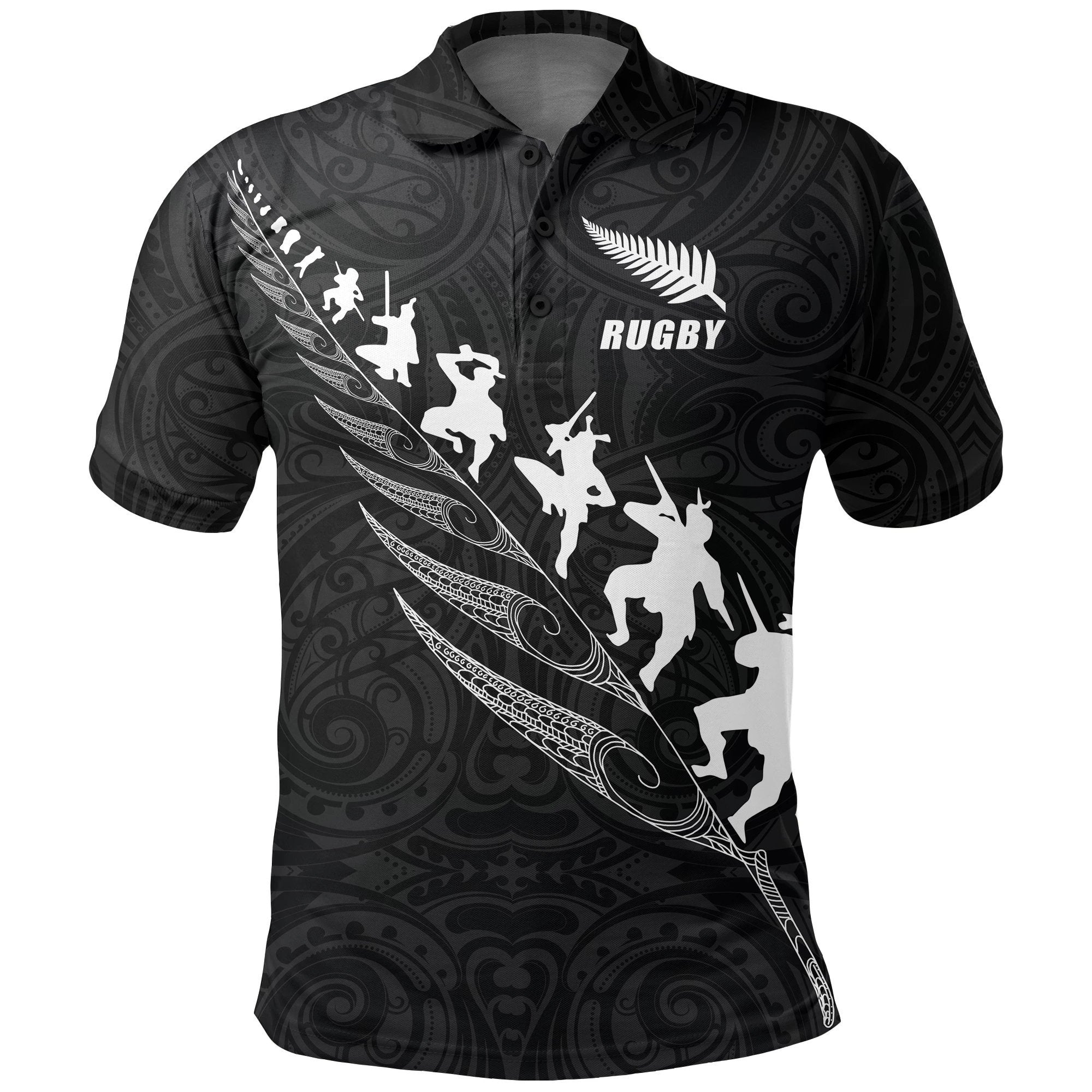 Rugby Haka Fern Polo T shirt Black - Vibe Hoodie Shop