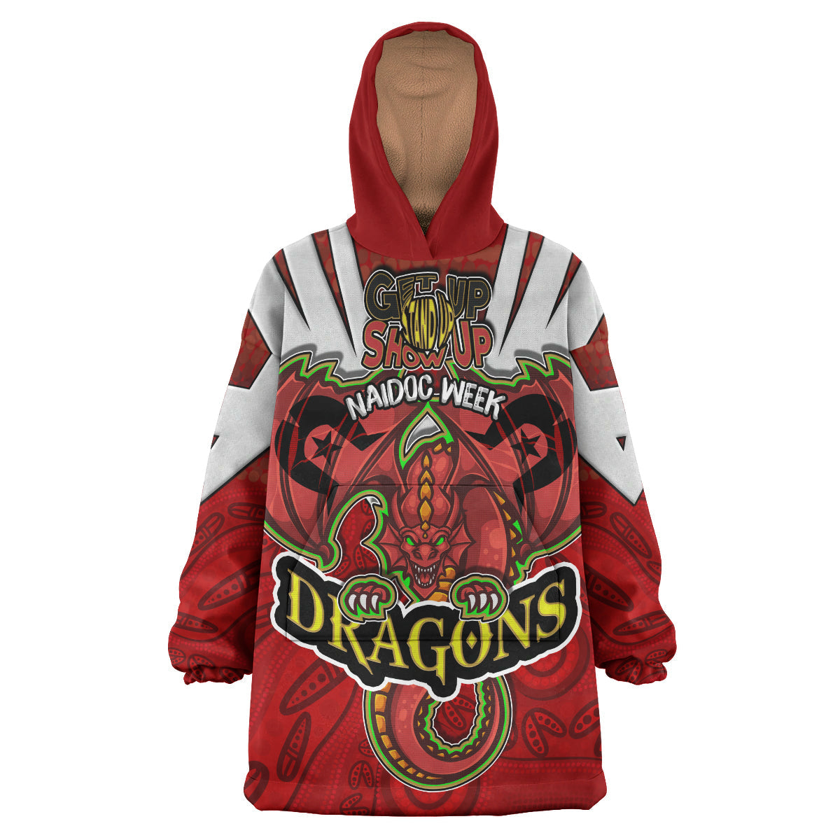 St. George Rugby Snug Hoodie - Custom Naidoc Week Dragon With Aboriginal Patterns ''Get up, Stand Up, Show Up' Wearable Blanket Hoodie RLT14 - Vibe Hoodie Shop