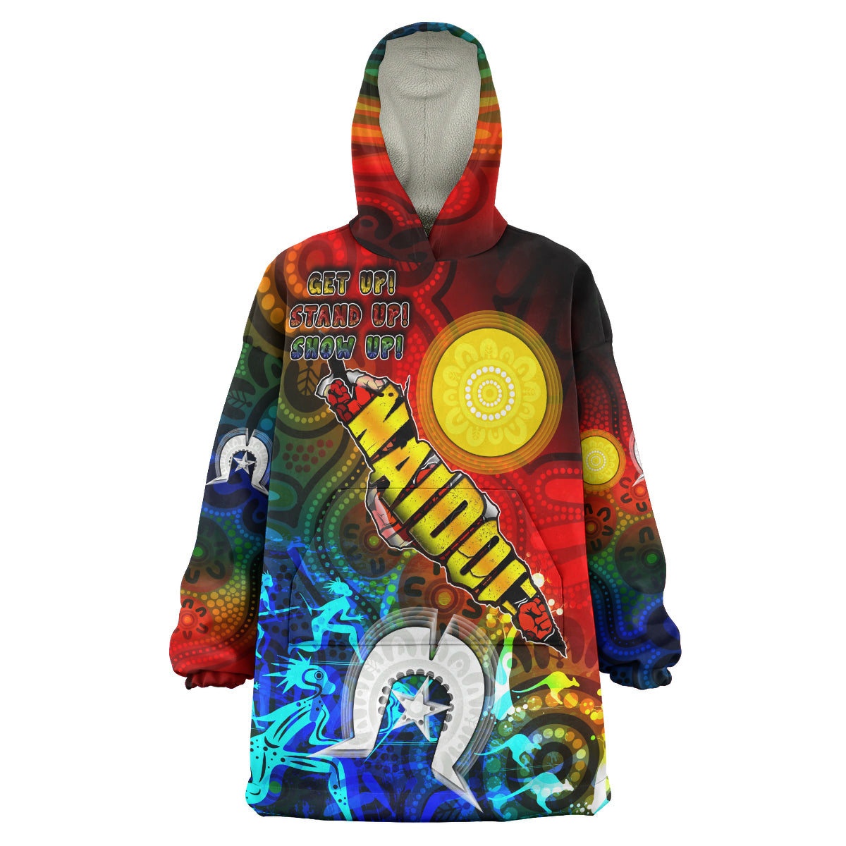 Australia NAIDOC Week 2023 Wearable Blanket Hoodie- Custom Naidoc Aboriginal Inspired Dot Art Painting With Hunting "Get up, Stand up, Show up," Wearable Blanket Hoodie - Vibe Hoodie Shop